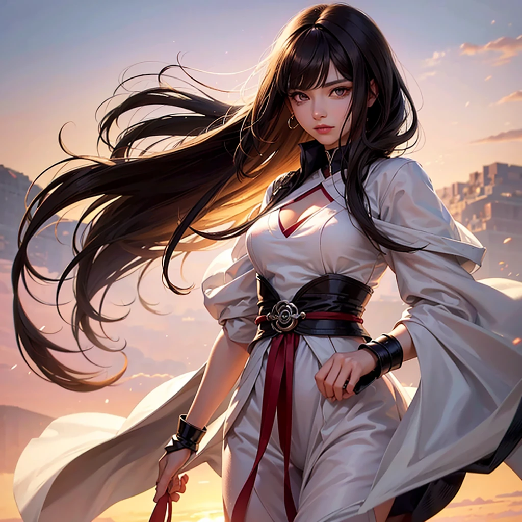  Byakugan girl with white eyes and dark brown hair. Sunlight at dawn reflecting on hair