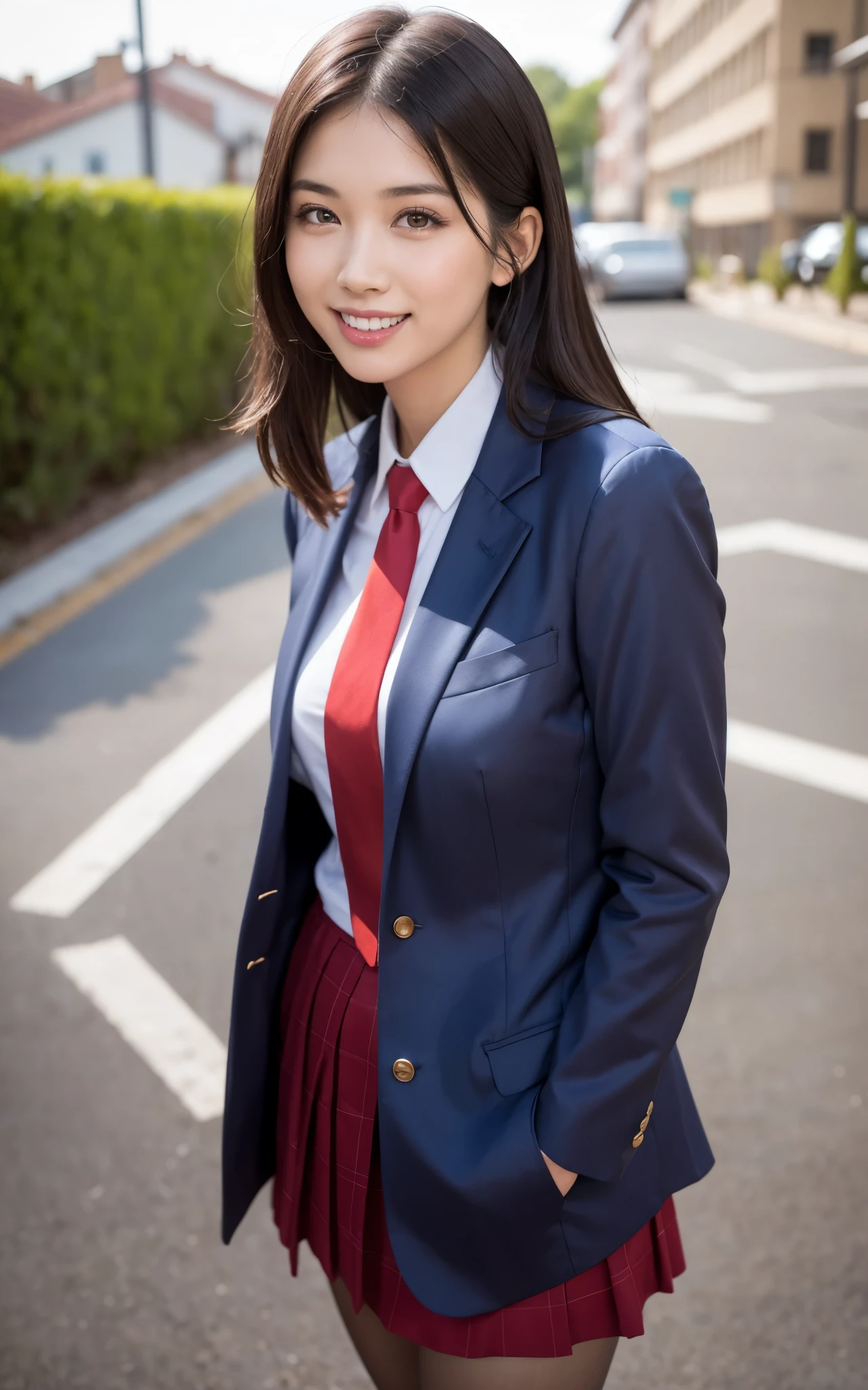 girl, Hyper Realistic, masterpiece, smile, portrait, bobhair, skirt suit, dress shirt, red necktie, blazer, pantyhose