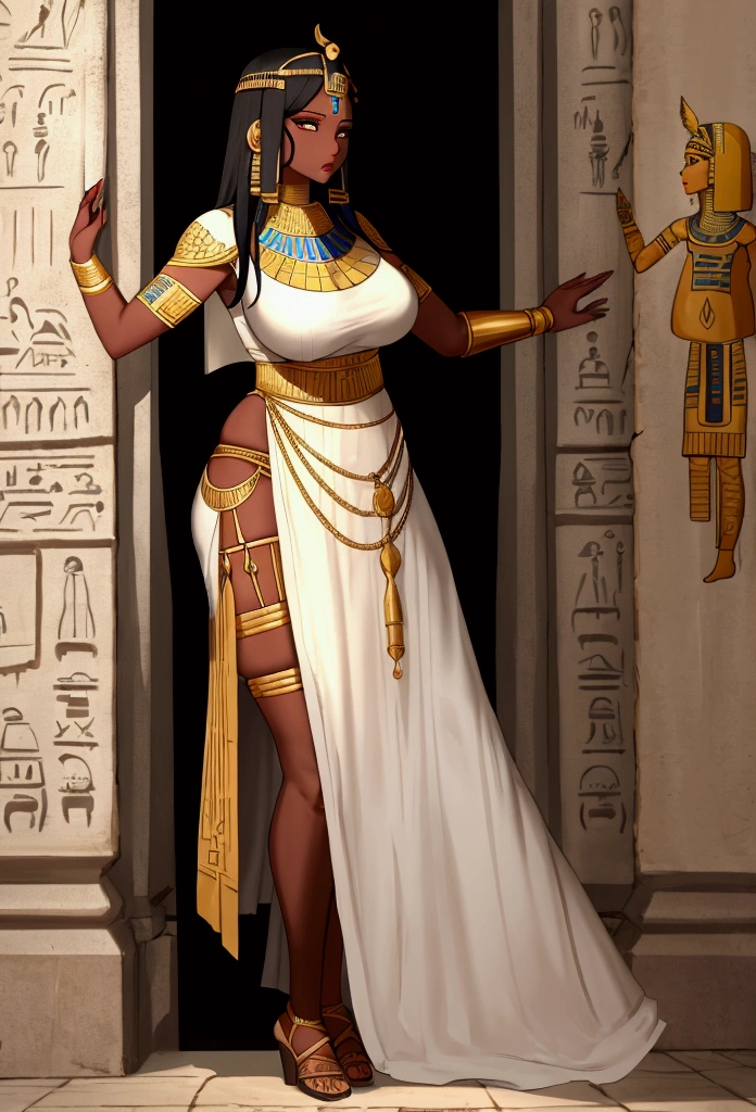 Feminine Ancient Egyptian clothes, dark skin, mature woman