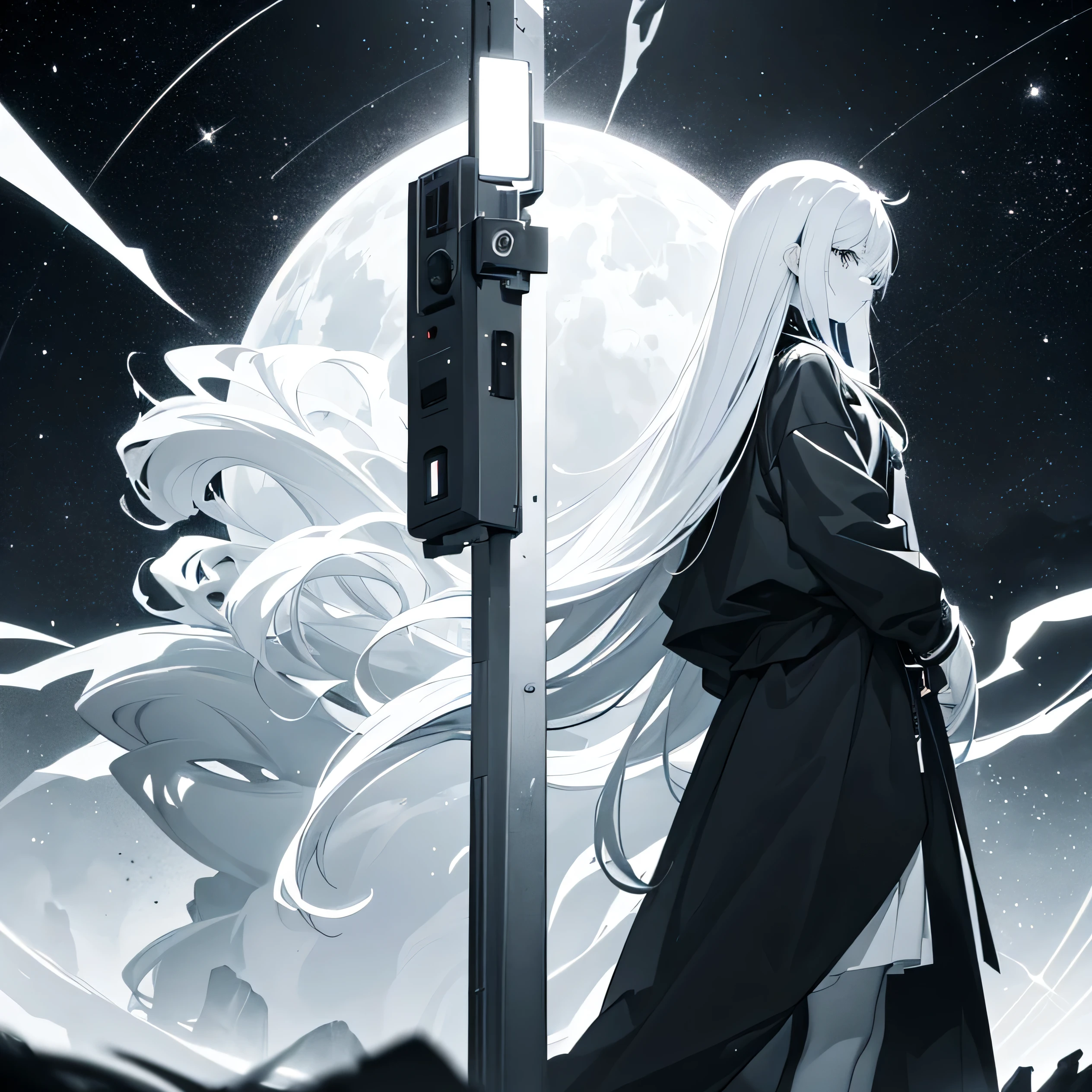 monochrome tone, black & white two tone (all image layer color), An anime girl with long hair standing in front of the sky, Promotional art, Shining Star, Shining Star, Visual Novel CG, official art, Key Art, shooting star, wallpaper!, official fanart, Promotional artwork, milky way,, Visual Novel Key Visual