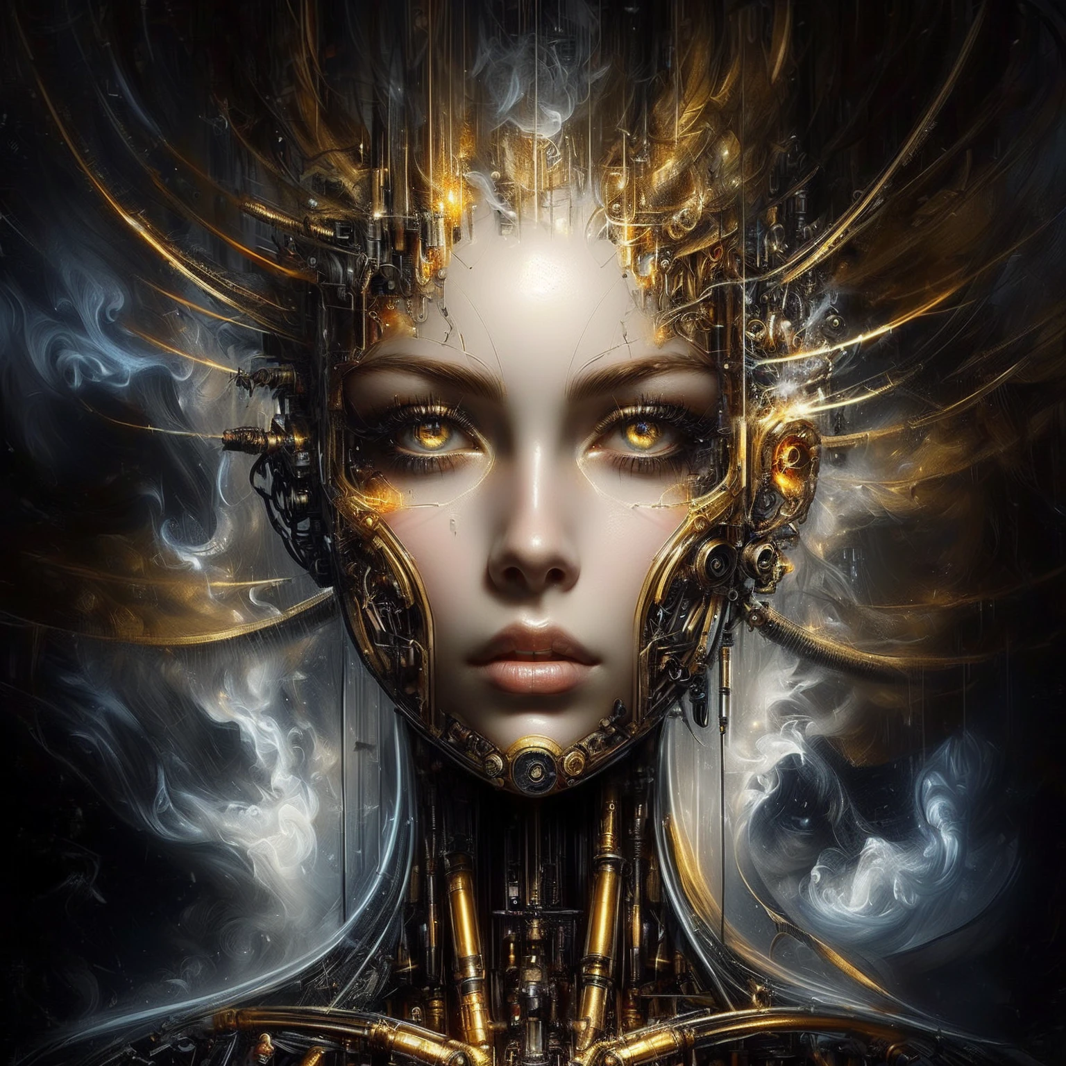 a close up of a woman with a steam engine on her face, portrait of a cyborg queen, cyborg woman, cyborg - girl, cybernetic machine female face, humanoid woman, intricate transhuman, cyborg girl, karol bak uhd, beautiful cyborg priestess, cyberpunk robotic elvish queen, beautiful biomechanical djinn, digital steampunk art
