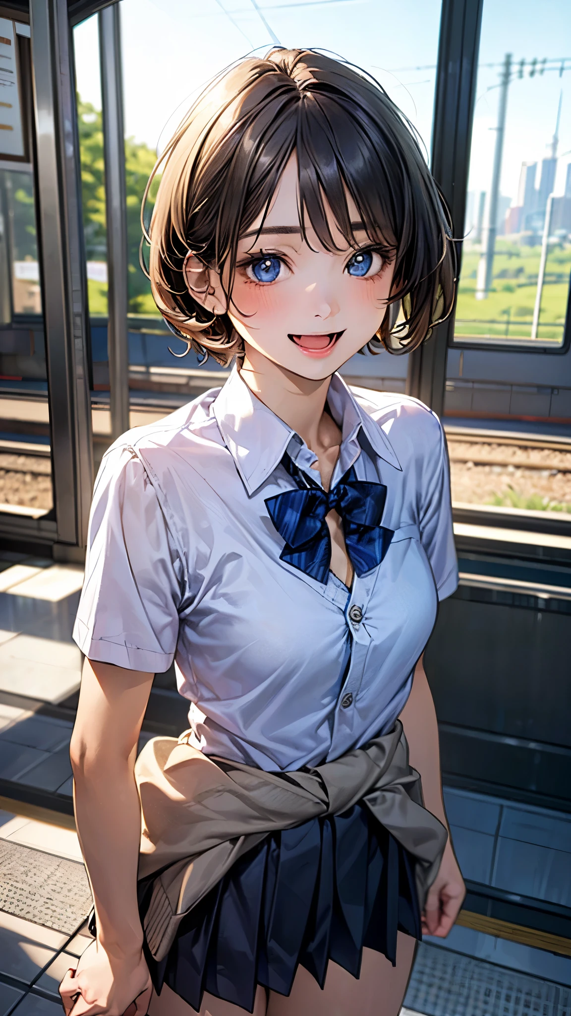 (masterpiece:1.2, top-quality), (realistic, photorealistic:1.4), beautiful illustration, (natural side lighting, movie lighting), depth of fields, nsfw,
beautiful detailed hair, beautiful detailed face, beautiful detailed eyes, beautiful clavicle, beautiful body, beautiful chest, beautiful thigh, beautiful legs,
looking at viewer, 1 girl, 12 years old, (perfect anatomy, anatomically correct, super detailed skin), cute and symmetrical face, perfect face, perfect eyes,
(short hair:1.5, pixie cut:1.4, blond hair), bangs pinned back, blue eyes, long eye lasher, (medium breasts, seductive thighs), perfect body, shiny skin, pink skin,
(detailed cloth texture, break short sleeve white collared shirt, break navy pleated skirt, break blue bow tie, break (cardigan around waist)), break
(beautiful scenery), evening, (train station), standing, (lovely smile, open mouth slightly),