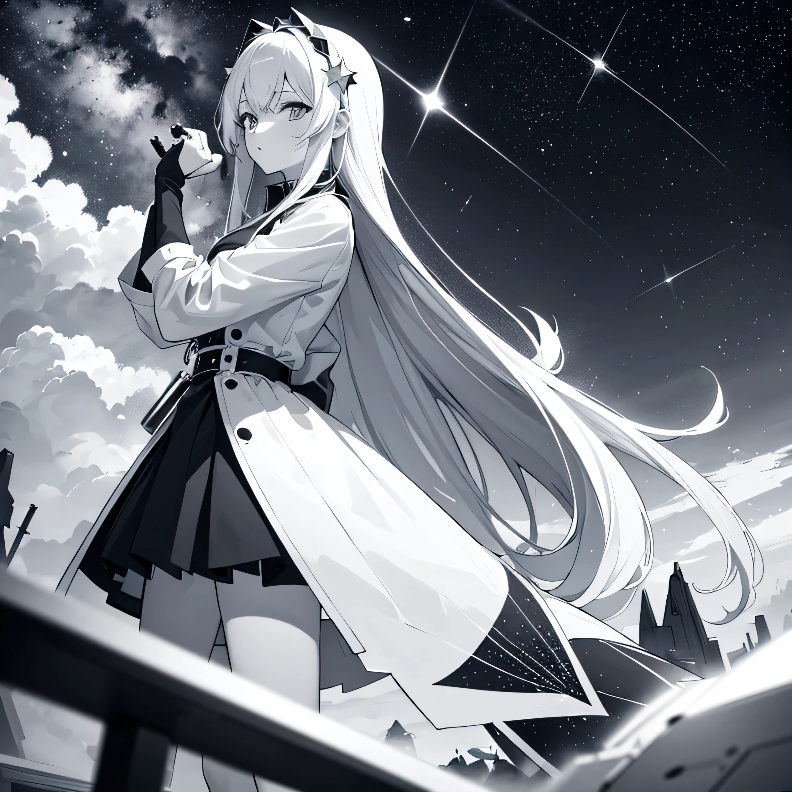 monochrome tone, black & white two tone (all image layer color), An anime girl with long hair standing in front of the sky, Promotional art, Shining Star, Shining Star, Visual Novel CG, official art, Key Art, shooting star, wallpaper!, official fanart, Promotional artwork, milky way,, Visual Novel Key Visual