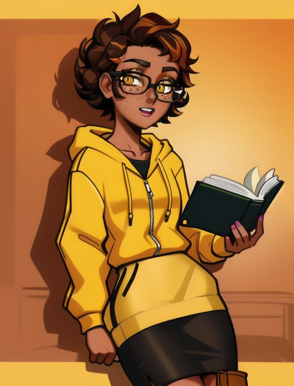 (masterpiece,best quality,absurdres,beautiful,aesthetic,detailed), (Detailed face:1.2), (Detailed eyes:1.2), 1girl, solo, 20 year old college student, ((slim, petite)) , she has tan-bronze skin with some freckles, short curly black hair with orange highlights, amber colored eyes, (Wearing: reading glasses, yellow hoodie, black pencil skirt, boots), college background