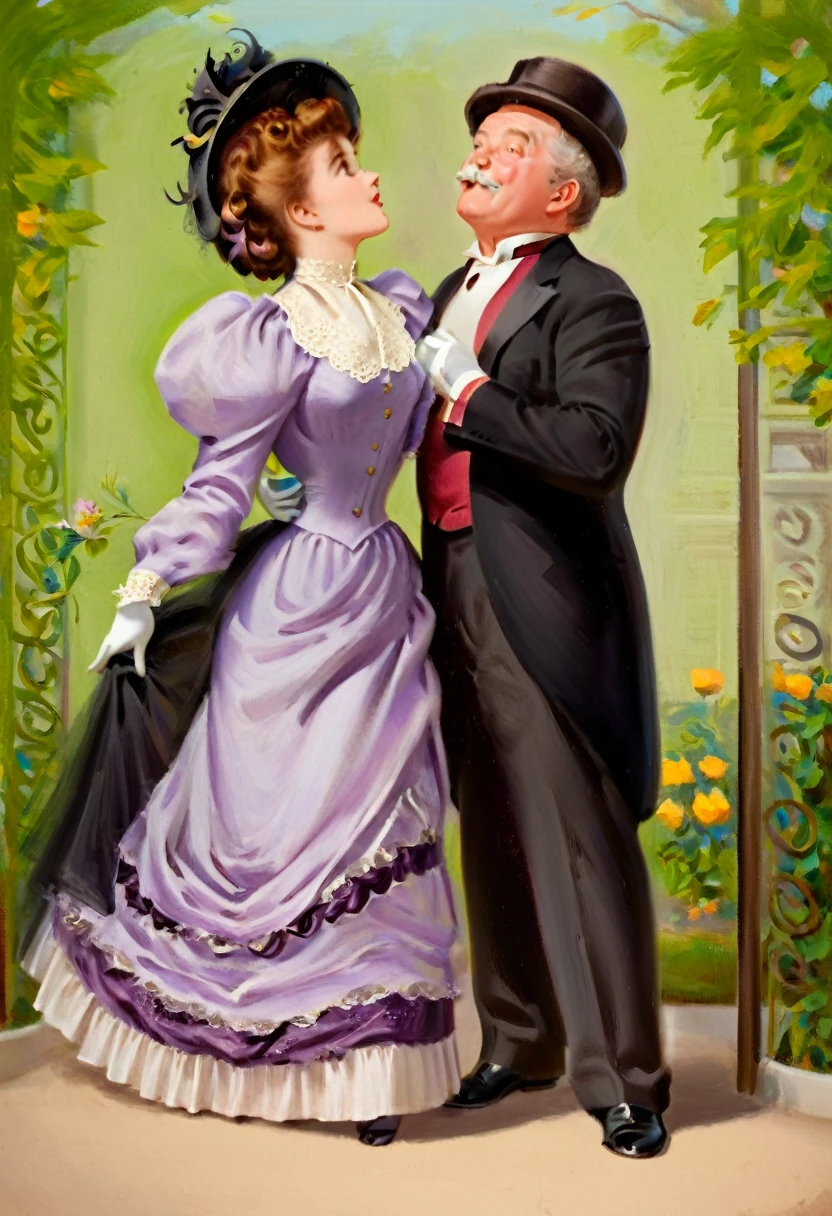1girl, 1man. A pretty curvy 14yo teenage Gibson Girl kissing with a horny old man in the Edwardian era. 1905_dr3ss. Full body. Man one head taller than girl. Girl wearing a colorful, stylish Edwardian outfit with a high-collar long sleeve shirtwaist, long skirt, picture hat, gloves, petticoats, silk stockings and boots, her hair a Gibson Girl updo. Man wears a dark business suit, cravat, starched collar, shoes and bowler hat, his face aged and his hair white and thinning.