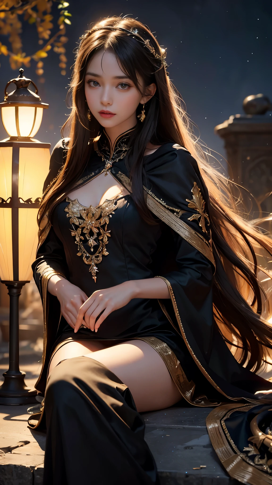8K ultra hd, masterpiece,1 girl, ((realistic face)), detailed eyes, ((very long hair)), flowing hair, small breasts, royal dress, decorated dress, black dress, anitque jwellery, detailed lacing, flowing cape, bare navel, moon light, amazing night outdoor, spot lights, glowing lights, depth of field, ray tracing, bloom, realistic shadow, tyndal effect, spreding, lights, looking at the audience, attractive pose, sitting,