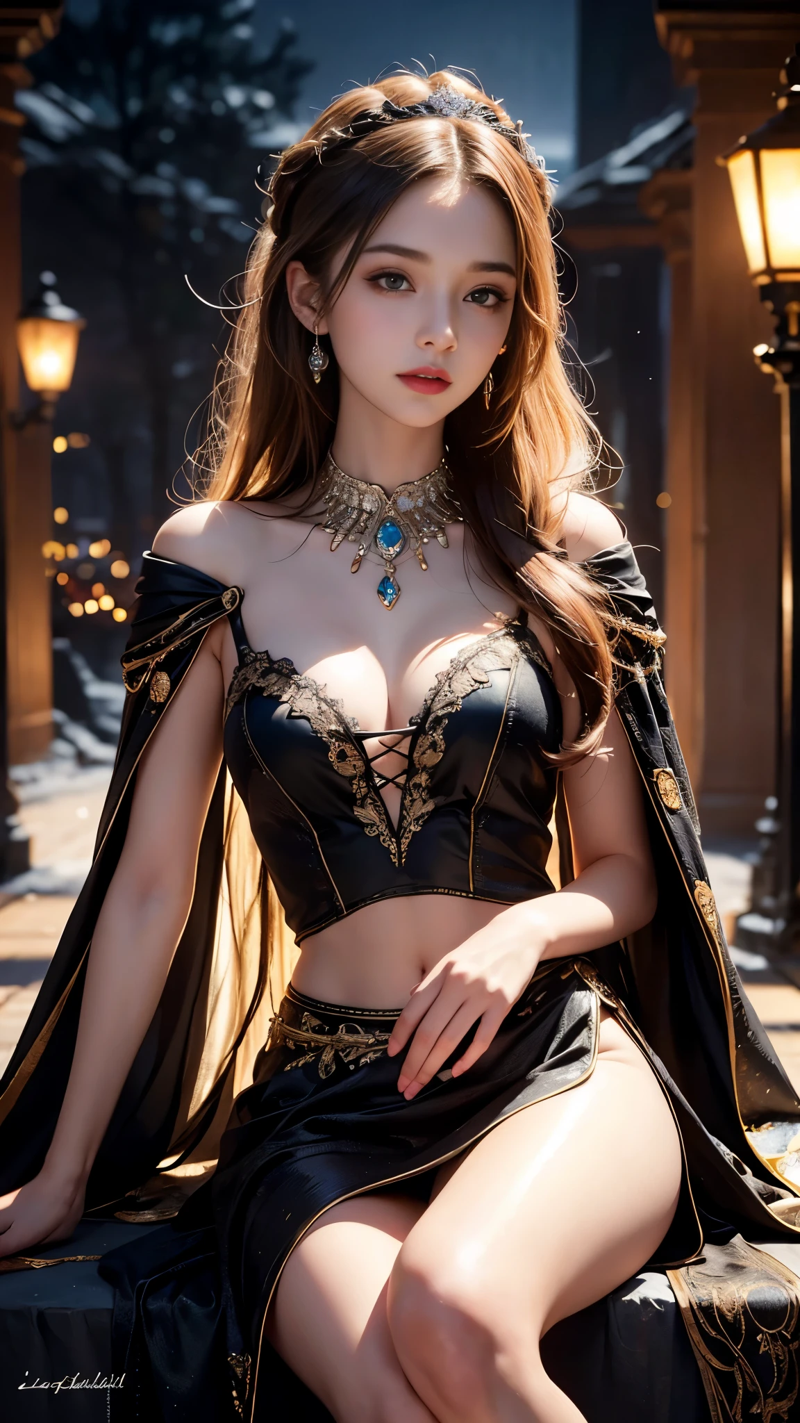 8K ultra hd, masterpiece,1 girl, ((realistic face)), detailed eyes, ((very long hair)), flowing hair, small breasts, royal dress, decorated dress, black dress, anitque jwellery, detailed lacing, flowing cape, bare navel, moon light, amazing night outdoor, spot lights, glowing lights, depth of field, ray tracing, bloom, realistic shadow, tyndal effect, spreding, lights, looking at the audience, attractive pose, sitting,