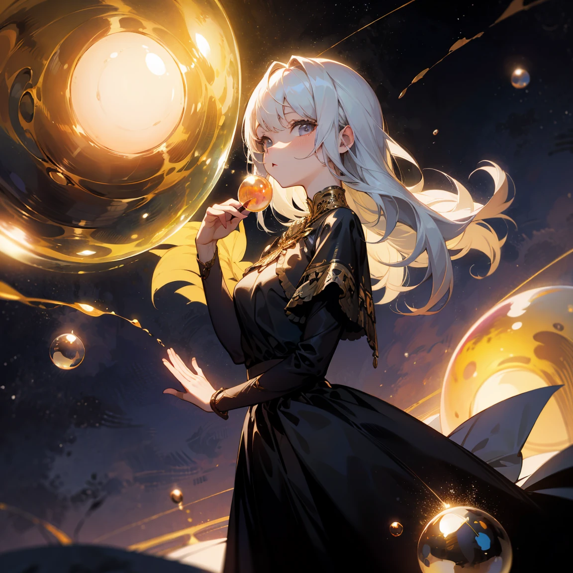 1 adult, masterpiece, best quality, woman, look at the viewer, ((she touching a bubble)), in the universe, with a black dress, golden details, ((looking pretty)), ((very confident)), white hair, silver eyes, long straight hair, many bubbles around, beautiful body, self-confident, powerful, epic, bubbles falling, conceptual art, goddess, divine light from heaven, ((different angles))