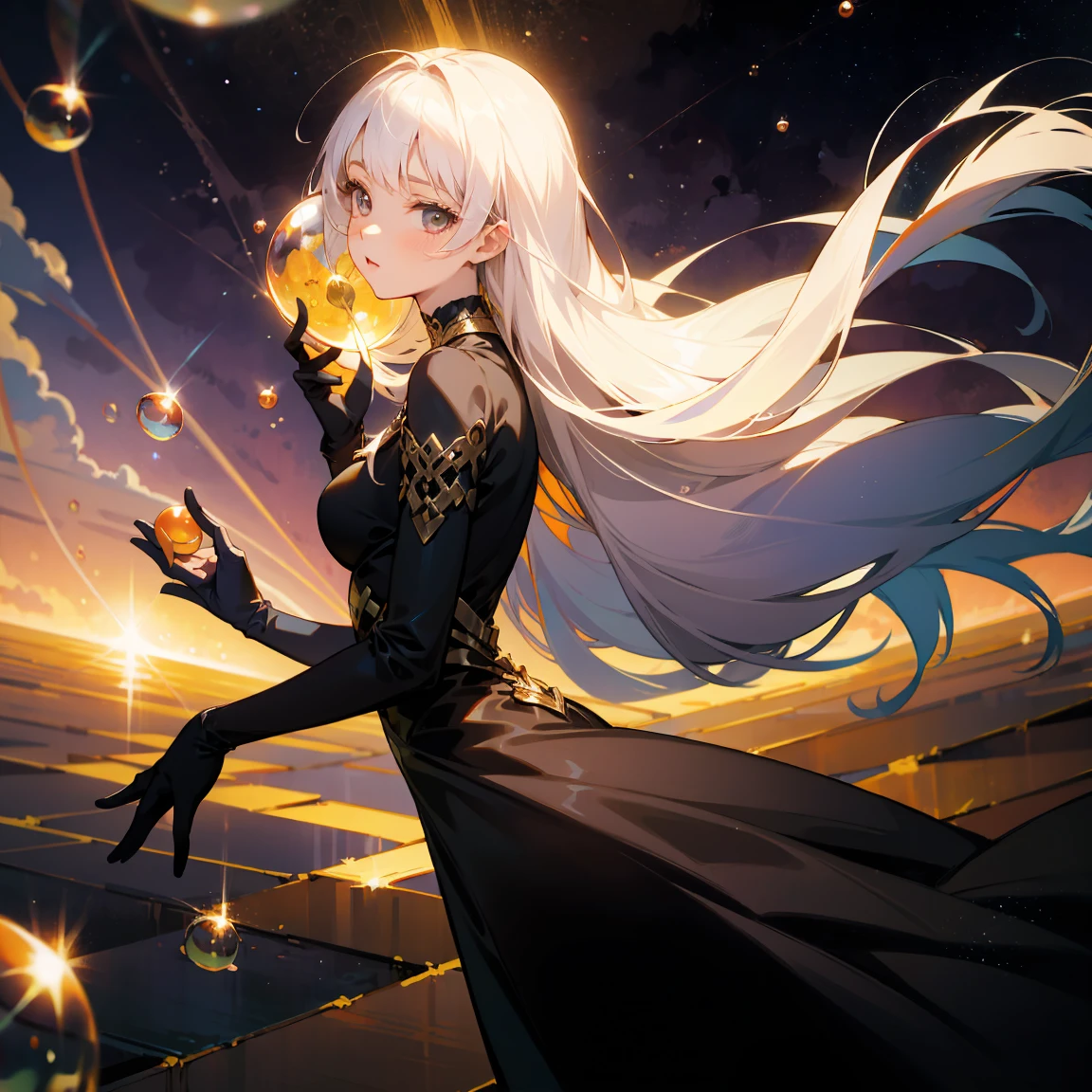 1 adult, masterpiece, best quality, woman, look at the viewer, ((she touching a bubble)), in the universe, with a black dress, golden details, ((looking pretty)), ((very confident)), white hair, silver eyes, long straight hair, many bubbles around, beautiful body, self-confident, powerful, epic, bubbles falling, conceptual art, goddess, divine light from heaven, ((different angles))