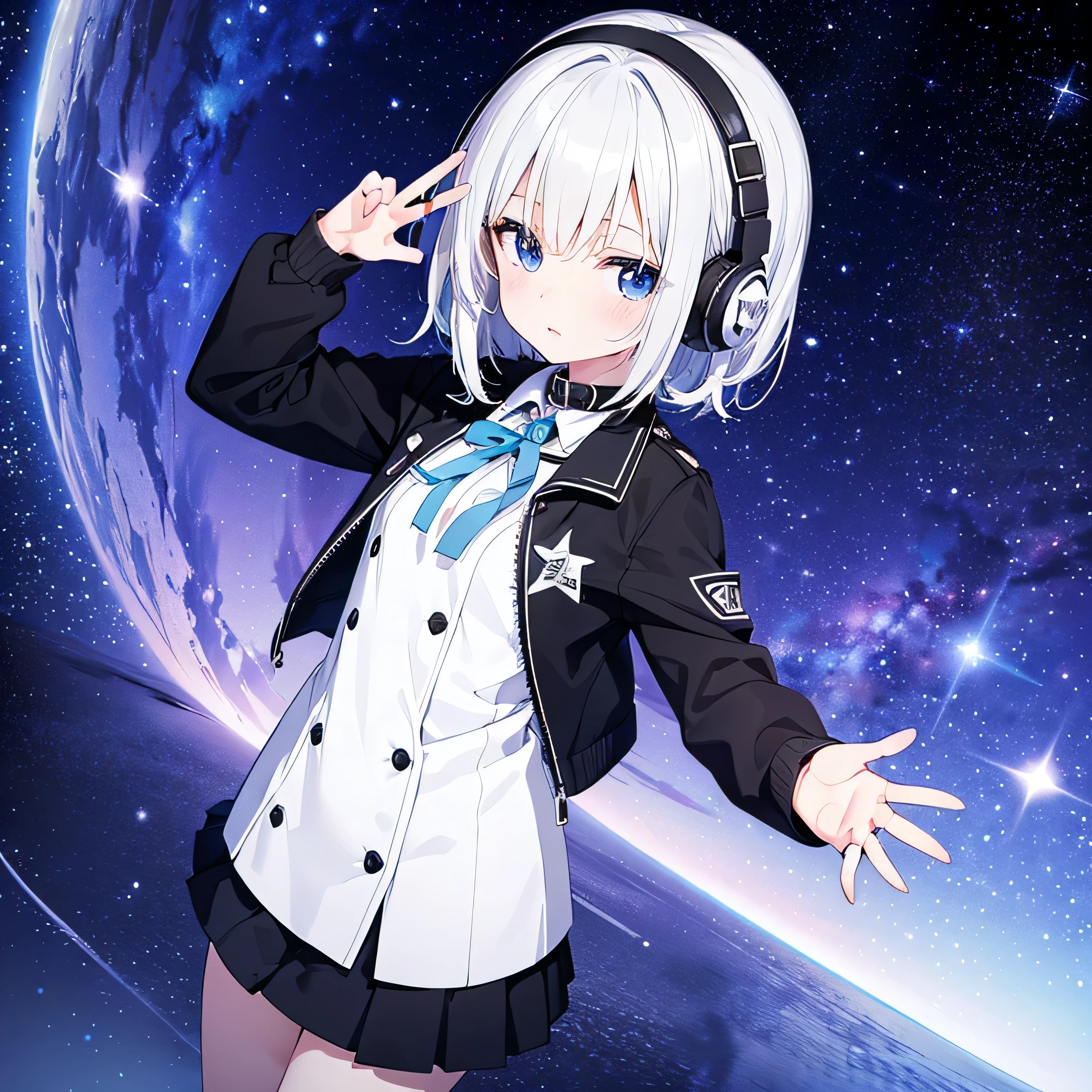 monochrome tone, black & white two tone (all image layer color), An anime girl with short hair standing in front of the sky, school uniform, short skirt (check pattern), wearing headphone on neck, neck band (headphone),  normal chest, 16-years-old girl, extreme hand detail, Promotional art, Shining Star, Visual Novel CG, official art, Key Art, shooting star, wallpaper!, official fanart, Promotional artwork, milky way,, Visual Novel Key Visual, masterpiece