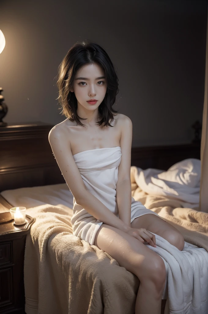 (((best quality))),(((ultra detailed))),(((masterpiece))),illustration,((a beautiful young girl,solo)),((slim,thin)),((small breasts,flat chest)),((sweat,wet)),(in dimly lit bedroom:1.5),(Extremely dark light:1.5),(after bath:1.2),(strapless towel dress:1.3),(long straight bob:1.2),((fair skin,detailed eyes)),bare legs,single candle flame,amber glow,soft shadows,steam,iron bed frame,nightstand,wardrobe,curtains,mystery,intimate setting,shivering,solitude,tranquility,(summer:1.2),(night scene:1.5),fiery passion,captured moment,snapshot,serene beauty,(sitting on the bed:1.3),((from front,upper body))