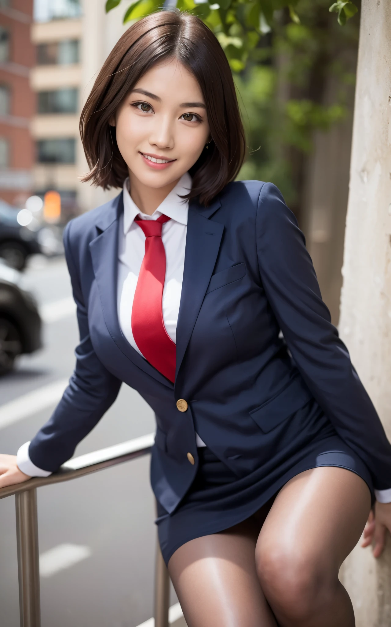 girl, Hyper Realistic, masterpiece, smile, portrait, bobhair, skirt suit, dress shirt, red necktie, blazer, pantyhose