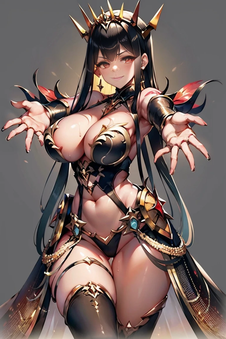 (((outstretched arms, outstretched hand, outstretched fingers))), black hair, bare shoulder, red eyes, very long hair, cleavage, large breasts, dress, showgirl skirt, high-leg, cleavage cutout, tiara, bare thighs, gauntlets, bare shoulder, bare nails, bare fingers, bare hands, good hands, best hands, Correctly aligned fingers, extremely detailed hands and fingers, ultra detailed hands and fingers, super detailed hands and fingers, perfect female hands and fingers, biologically accurate hands and fingers, 4 fingers and 1thumb accurate hands and fingers, beautiful hands and fingers, hands and fingers drawing, human hand and fingers, perfect arrangement of fingers, detail focus hands, perfection hands, better hands, adult face, fearless face, both arms, two arms, both hands, two hands, super fine illustration, masterpiece, masterwork, by famous artist, official art, ultra high res, best quality, high quality, Hand, detailed, perfect, perfection , hands, both hands is Thumb and index finger and middle finger and ring finger and little finger, symmetrical hands, even hands, panties, thighhighs, symmetrical bangs, gleaming skin, oil skin, shiny skin, wet skin, sweat, rouge, exquisite, beautiful,cg unity 8k wall paper, perfect face, ultra detailed beautiful face, perfect nose, perfect mouth, clear eyes, light eyes, perfect eyes, symmetrical eyes, even eyes, 16k, absurdres, perfect body, perfect anatomy, perfect proportion, perfect arms, perfect torso,