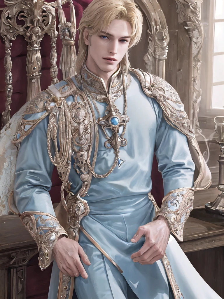Young Prince. 18 years. Beautiful. Golden blonde. Short, slightly wavy straight hair. Piercing blue eyes. Prince. Royal clothes. Tall, muscular. Pleasant facial features. Brutal. High. In the armor of a knight., 1200 PPI – Photographic resolution with greater central realism, Hyper-realistic, cinematic high-fidelity 16K UHD image resolution