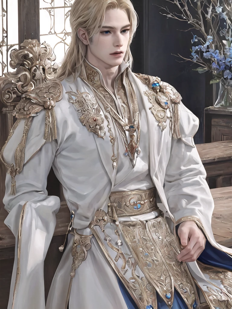 Young Prince. 18 years. Beautiful. Golden blonde. Short, slightly wavy straight hair. Piercing blue eyes. Prince. Royal clothes. Tall, muscular. Pleasant facial features. Brutal. High. In the armor of a knight., 1200 PPI – Photographic resolution with greater central realism, Hyper-realistic, cinematic high-fidelity 16K UHD image resolution