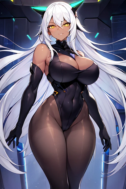 1girl, dark-skinned female, breasts, large breasts, wide hips, white hair, silver hair, grey hair, long hair, yellow eyes, smile, smirk, smug, pervert, bodysuit, black bodysuit, futuristic, tech, science-fiction, neon, neon trim, pantyhose, black pantyhose, full body, ((full body)),