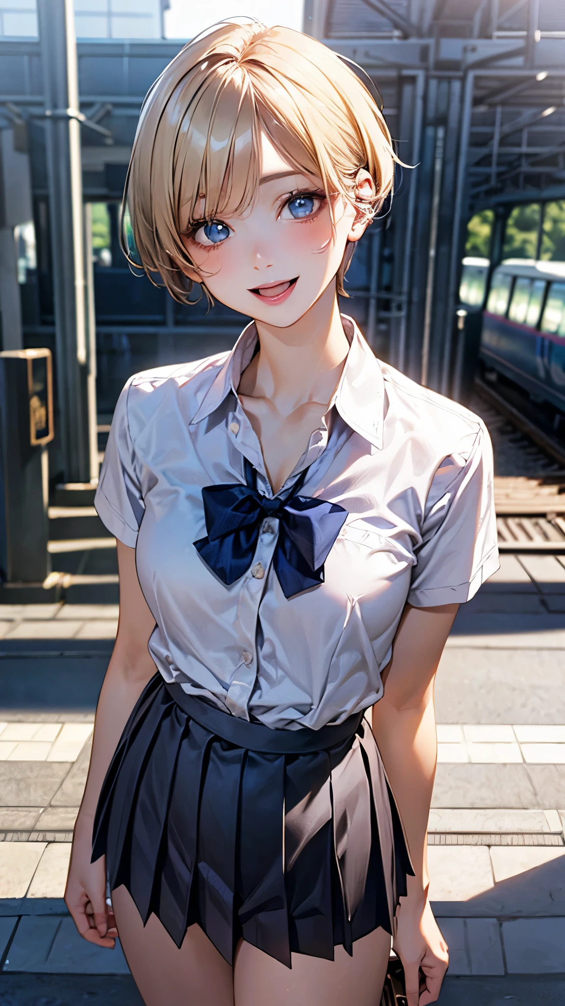 (masterpiece:1.2, top-quality), (realistic, photorealistic:1.4), beautiful illustration, (natural side lighting, movie lighting), depth of fields, nsfw,
beautiful detailed hair, beautiful detailed face, beautiful detailed eyes, beautiful clavicle, beautiful body, beautiful chest, beautiful thigh, beautiful legs,
looking at viewer, 1 girl, , (perfect anatomy, anatomically correct, super detailed skin), cute and symmetrical face, perfect face, perfect eyes,
(short hair:1.5, pixie cut:1.4, blond hair), bangs pinned back, blue eyes, long eye lasher, (medium breasts, seductive thighs), perfect body, shiny skin, pink skin,
(detailed cloth texture, break short sleeve white collared shirt, break navy pleated skirt, break blue bow tie), break
(beautiful scenery), evening, (train station), standing, (lovely smile, open mouth slightly),