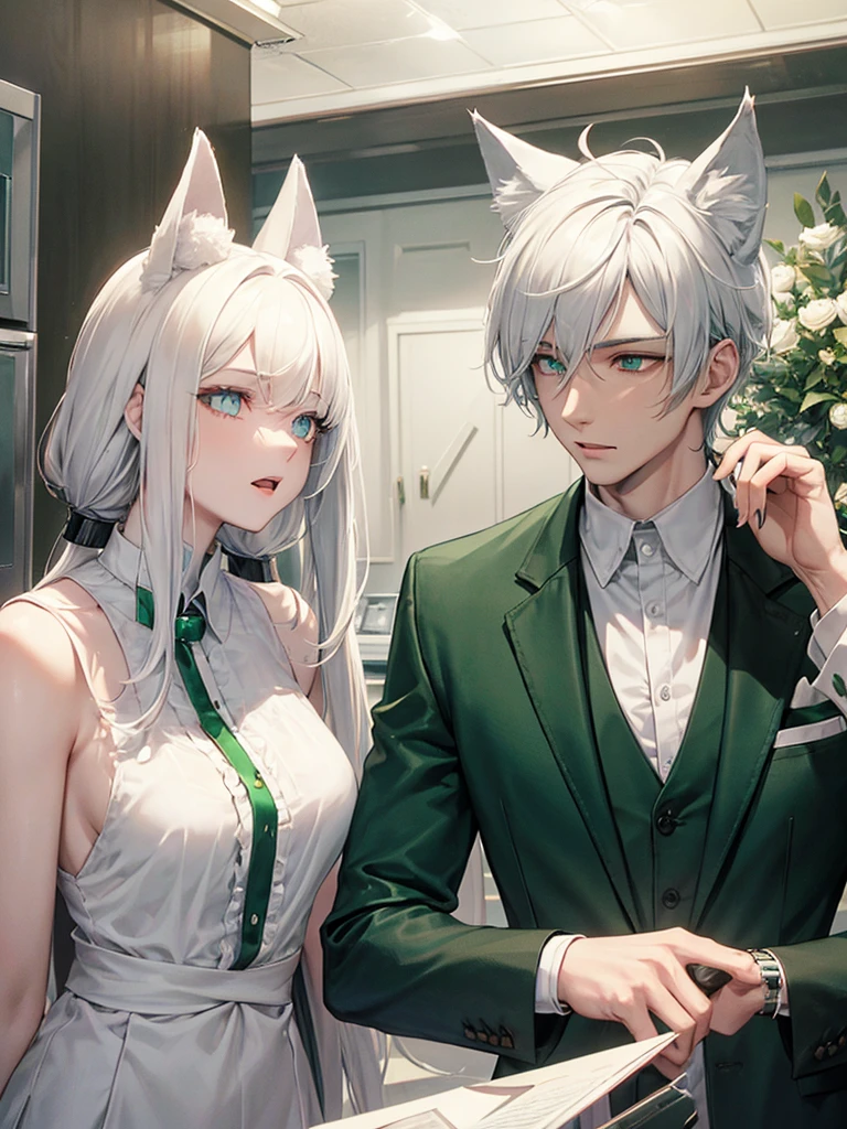 A male psychologist with wolf ears ,handsome albino beautiful eyes ,tall 28 years old ,next to her twin sister with emerald green eyes