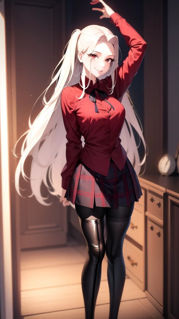 masterpiece, best quality, absurdres, perfect anatomy, anime_girl, 1girl, solo, Irisviel von Einzbern, long hair, red shirt, dress shirt, red thigh high boots, heels, plaid skirt, pantyhose, cowboy shot, standing, smile, indoors, arms behind back, room, night, lift your leg back,