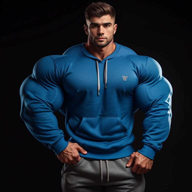 a very handsome young man, simple blue sweatshirt with long sleeves, extremely handsome, very muscular, with very large muscles, defined and muscular body, on a black background