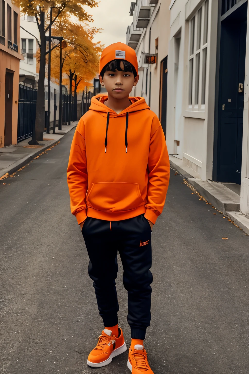 A boy in orange hoodie and a orange hoodie cap and black colour full pant and orange shoes