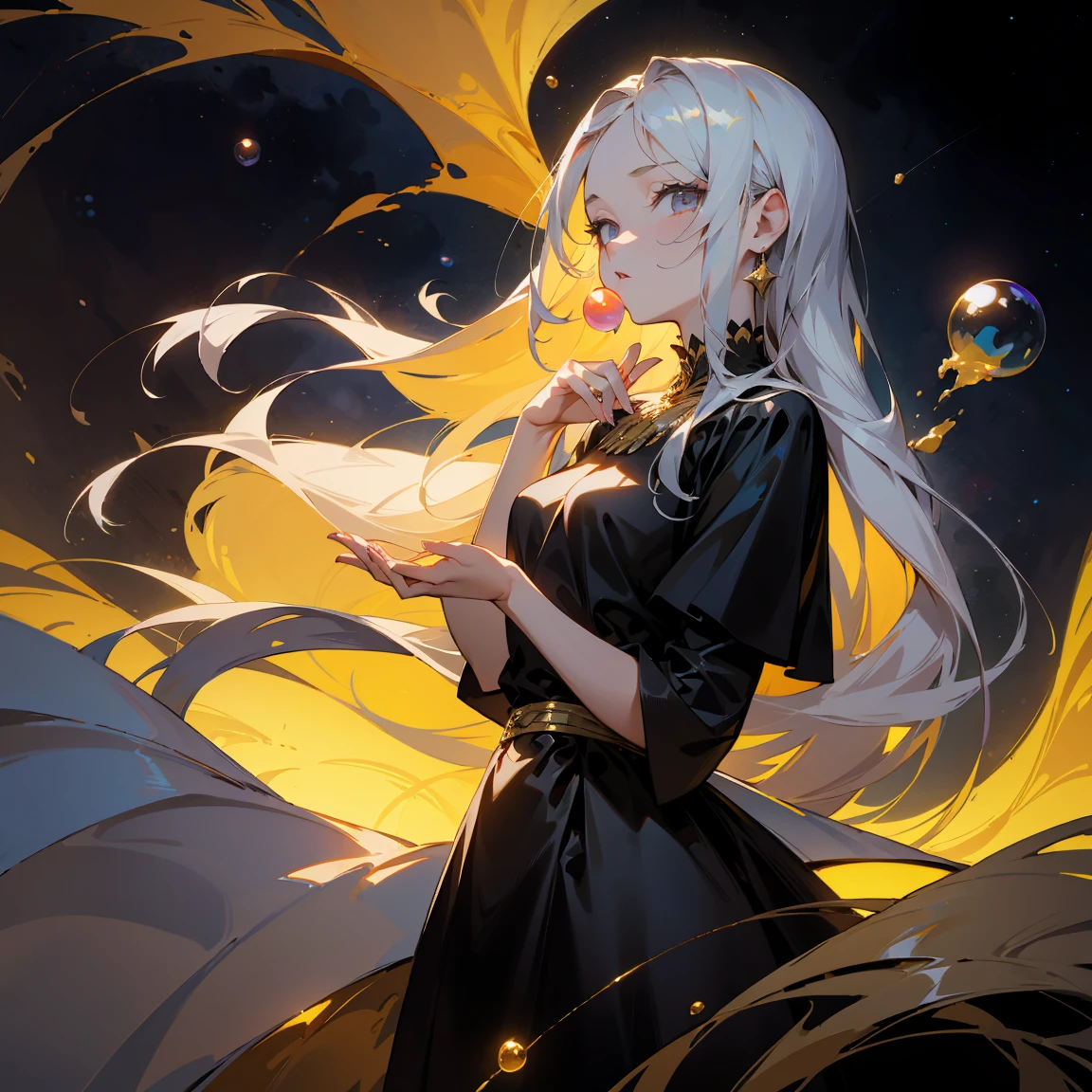 1 adult, masterpiece, best quality, woman, look at the viewer, ((she touching a bubble)), in the universe, with a black dress, golden details, ((looking pretty)), ((very confident)), white hair, silver eyes, long straight hair, many bubbles around, beautiful body, self-confident, powerful, epic, bubbles falling, conceptual art, goddess, divine light from heaven, ((different angles))