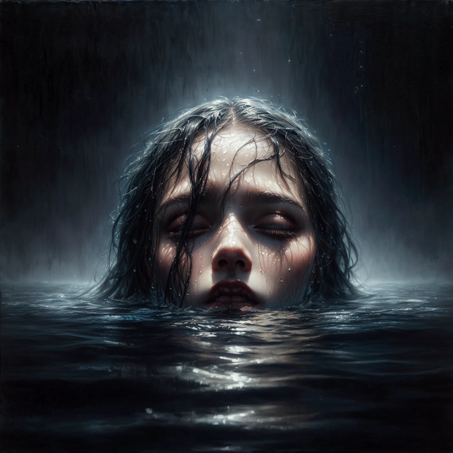 arafed woman in the water with her eyes closed, drowned, emerging from the water, face in water, submerged in water, thalassophobia, drowning, dramatic artwork, dark oil painting, floating drowned, half face in the water, yuri shwedoff and tom bagshaw, in water, dark fantasy oil painting, dark surreal art