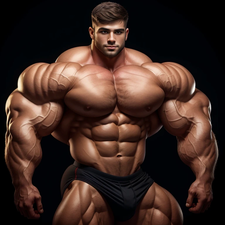 a very handsome young man, shirtless, extremely handsome, very muscular, with very large muscles, defined and muscular body, on a black background