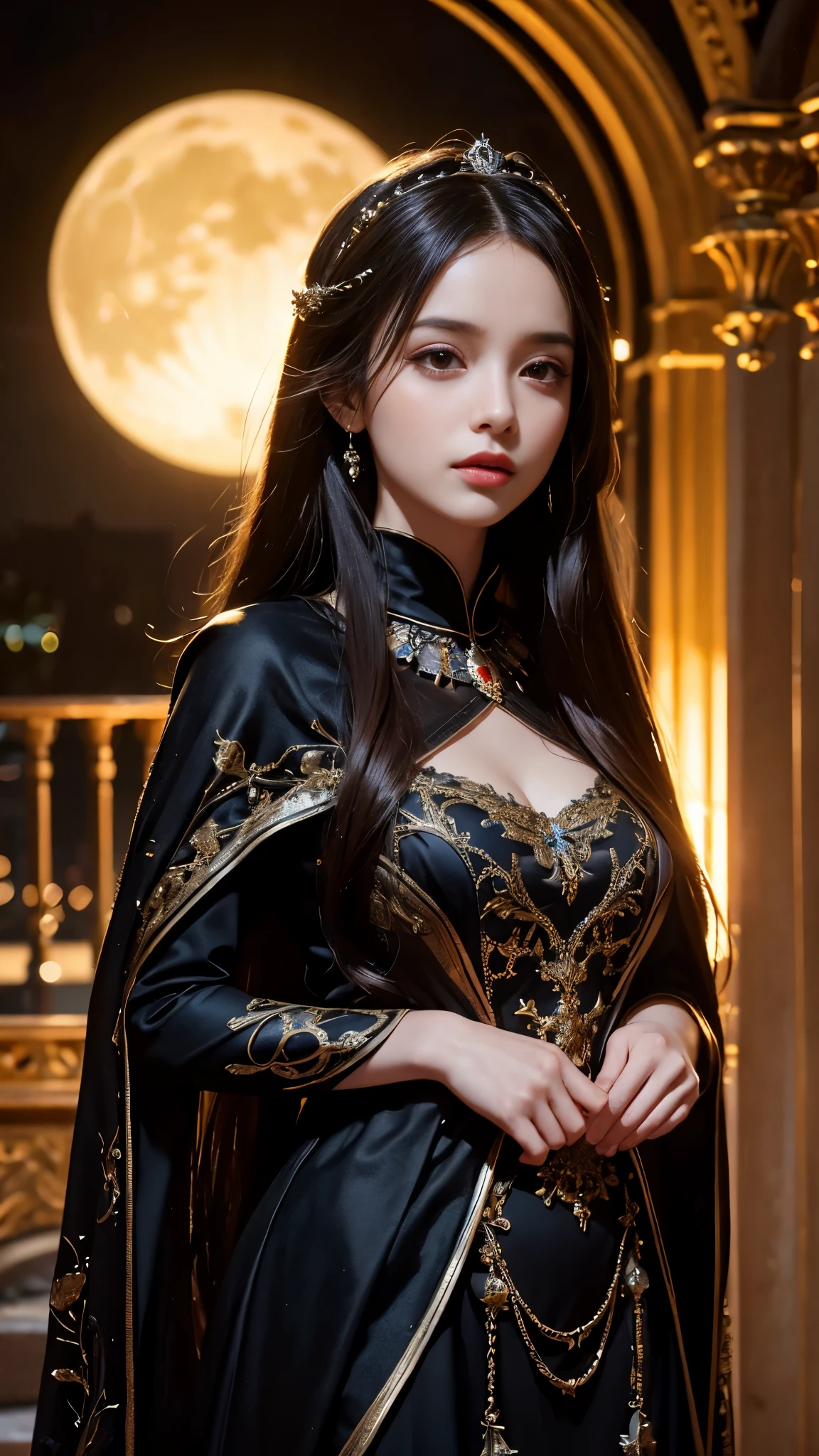 8K ultra hd, masterpiece,1 girl, ((realistic face)), detailed eyes, ((very long hair)), flowing hair, small breasts, royal dress, decorated dress, black dress, anitque jwellery, detailed lacing, flowing cape, bare navel, moon light, amazing night outdoor, spot lights, glowing lights, depth of field, ray tracing, bloom, realistic shadow, tyndal effect, spreding, lights, looking at the audience, attractive pose,