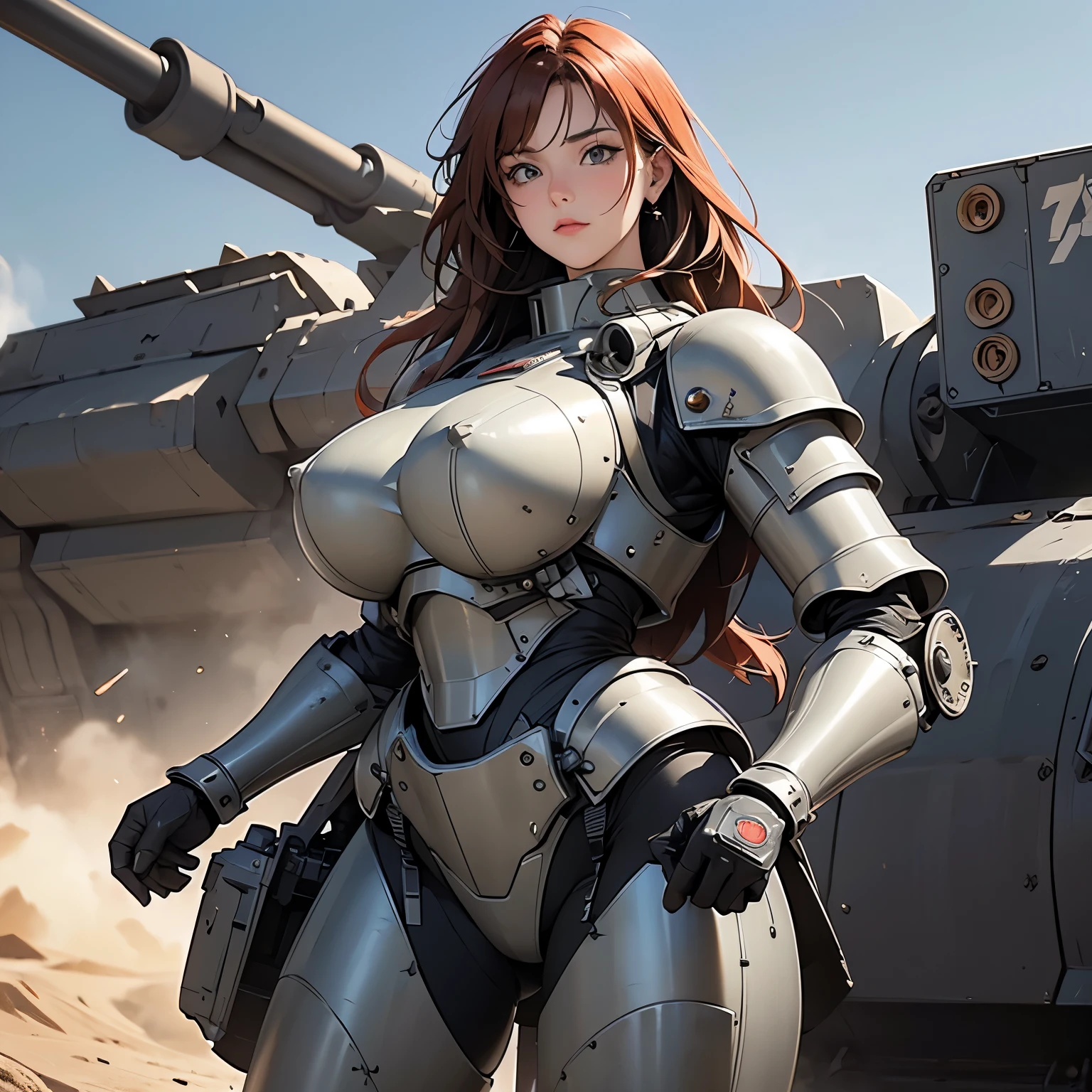 nsfw, anime screencap, 16K, perfect anatomy proportion body, perfect hands, action, A dynamic composition with a sense of speed and movement, (open cockpit, Ride large, heavily armored military heavy equipment:1.6), a wife, 40age, perfect beautiful delicate sexy face, perfect beautiful delicate slanted eyes, red hair, swept bangs pixie cut, medium breasts, Camouflage colored heavy armor robotic steam engine full armor powered suit, Many robot soldiers having a gunfight in the background, Flying bullets, Desert Battlefield, war, Post-apocalyptic,