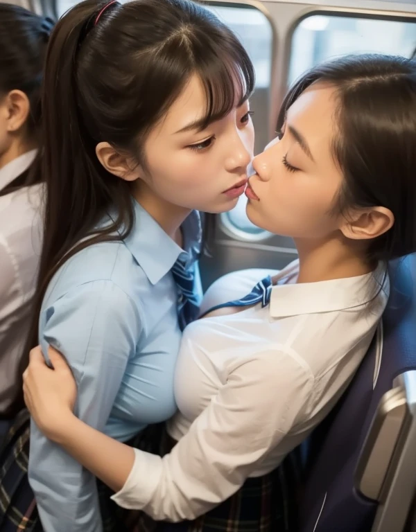 8k,masterpiece,Japanese,best quality, two (schoolgirls:1.1), reluctantly, on crowded train, (breasts:1.1) , (shirt:1.3)