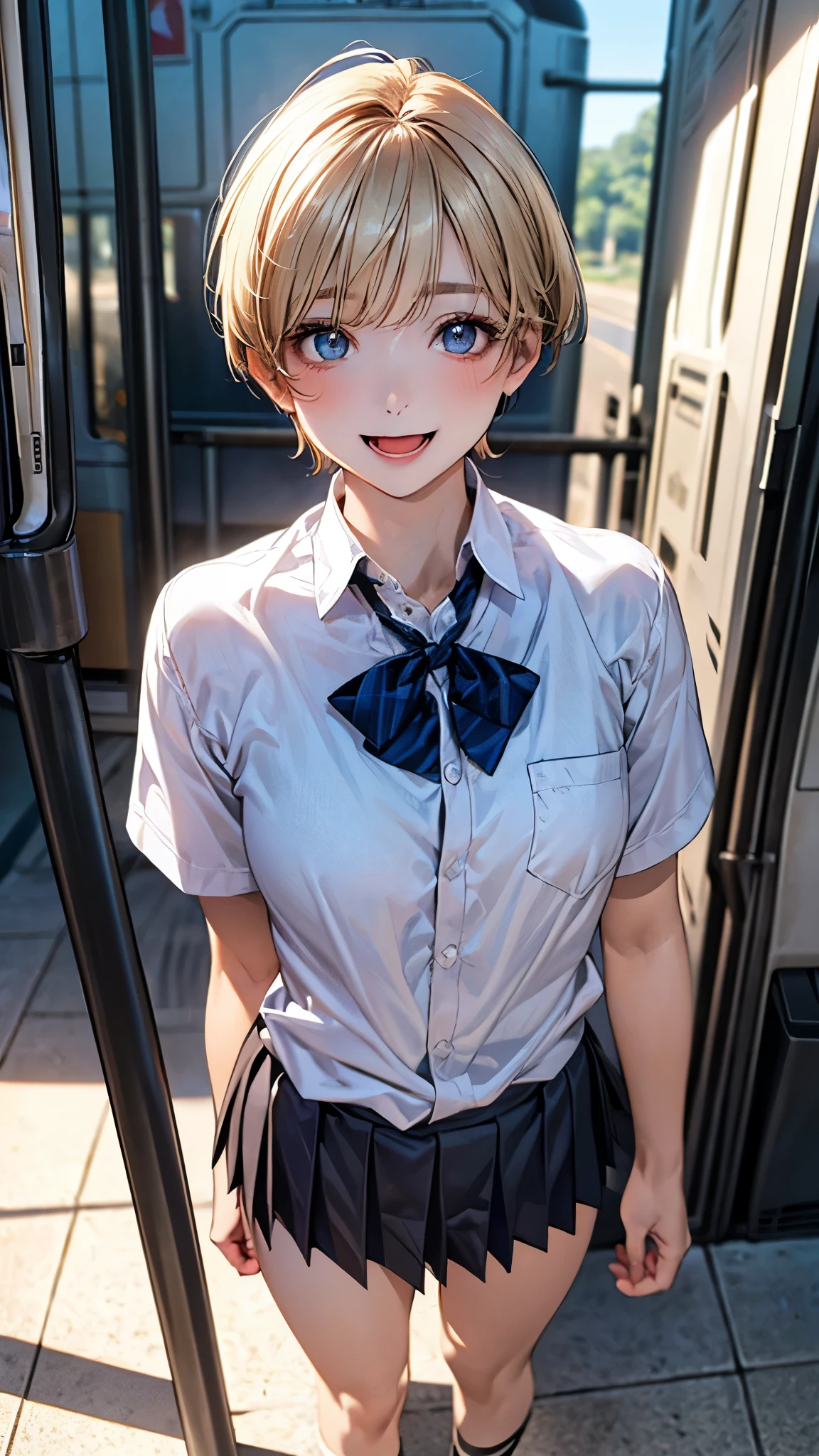 (masterpiece:1.2, top-quality), (realistic, photorealistic:1.4), beautiful illustration, (natural side lighting, movie lighting), depth of fields, nsfw,
beautiful detailed hair, beautiful detailed face, beautiful detailed eyes, beautiful clavicle, beautiful body, beautiful chest, beautiful thigh, beautiful legs,
looking at viewer, 1 girl, 12 years old, (perfect anatomy, anatomically correct, super detailed skin), cute and symmetrical face, perfect face, perfect eyes,
(short hair:1.5, pixie cut:1.4, blond hair), bangs pinned back, blue eyes, long eye lasher, (medium breasts, seductive thighs), perfect body, shiny skin, pink skin,
(detailed cloth texture, break short sleeve white collared shirt, break navy pleated skirt, break blue bow tie), break
(beautiful scenery), evening, (train station), standing, (lovely smile, open mouth slightly),