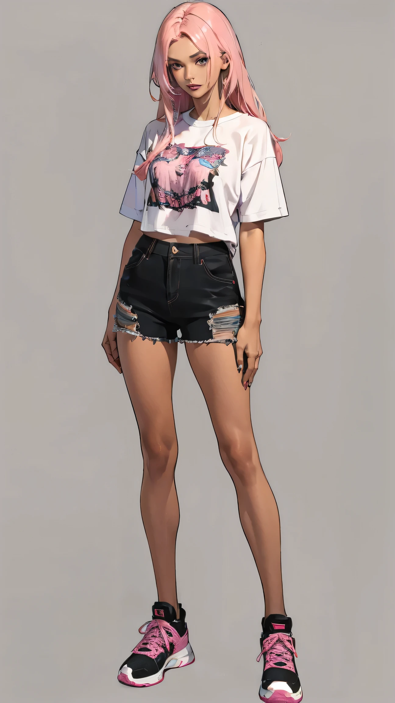 ((Highest quality,4K,High resolution,masterpiece:1.2)),((Character Concept Art)), 1 female, 10th generation women, Gal High School Girl, ((Long hair dyed pink)), Hair styled with lots of accessories, (Brown skin color), Very detailed eyes (Decorative contact lenses), Fashionable, Call, Socially active, slim body build, ((Intricate details)), Very finely crafted needles, Very finely crafted fingers(((10 fingers))), Wearing a T-shirt, hot pants,High-top sneakers,Heavy makeup, (Standing casually), (Full-body showcase), (Show whole body), (No logos on background), (No logo), ((Plain background)), ((Plain background)), (((Sky Background)))