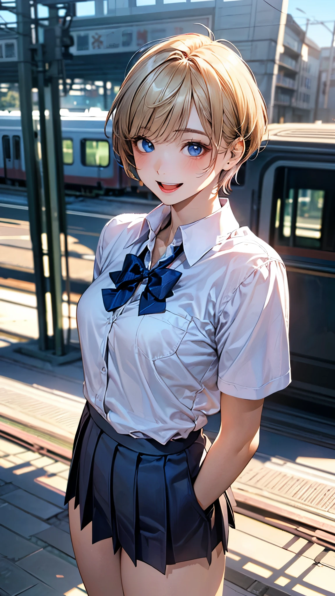 (masterpiece:1.2, top-quality), (realistic, photorealistic:1.4), beautiful illustration, (natural side lighting, movie lighting), depth of fields, nsfw, 
beautiful detailed hair, beautiful detailed face, beautiful detailed eyes, beautiful clavicle, beautiful body, beautiful chest, beautiful thigh, beautiful legs, 
looking at viewer, 1 girl, 12 years old, (perfect anatomy, anatomically correct, super detailed skin), cute and symmetrical face, perfect face, perfect eyes, 
(short hair:1.5, pixie cut:1.4, blond hair), bangs pinned back, blue eyes, long eye lasher, (medium breasts, seductive thighs), perfect body, shiny skin, pink skin, 
(detailed cloth texture, break short sleeve white collared shirt, break navy pleated skirt, break blue bow tie), break 
(beautiful scenery), evening, (train station), standing, (lovely smile, open mouth slightly), 