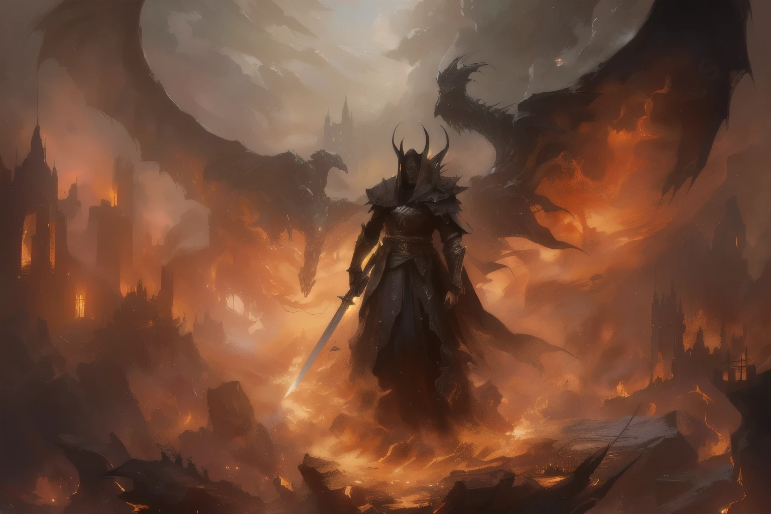 there is a man in a dark robe holding a sword in a fire, diablo digital concept art, epic fantasy illustration, epic fantasy digital art style, an ominous fantasy illustration, diablo concept art, epic fantasy artwork, dark fantasy style art, epic fantasy digital art, lord of cinder, epic fantasy game art, epic fantasy art style, epic fantasy art style hd