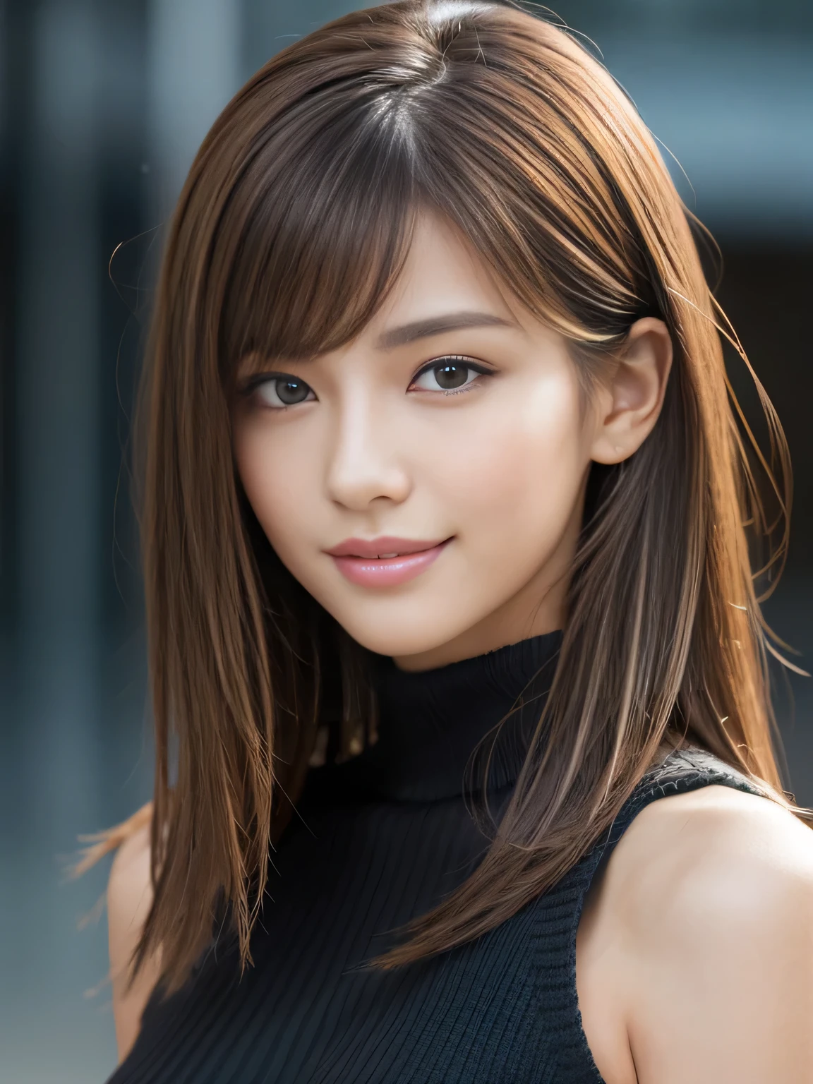 masterpiece, best quality, ultra-detailed, intricately detailed hyperdetailed, realistic, sharp features, highly detailed, sharp focus, Realistic, Photorealistic:1.3, (19 years old:1.3), perfect face, perfect symmetrically eyes, perfect full lips, hyper detailed, hyper realistic, high resolution, Fashion Model, Japanese Idol, Slender, brown hair, Stylish, model poses, Beautiful Face, light brown hair, messy hair, Beautiful hairstyle, (seductive smile:1.2), (looking at viewer), cinematic lighting, grey background, (Black knit:1.2), portrait
