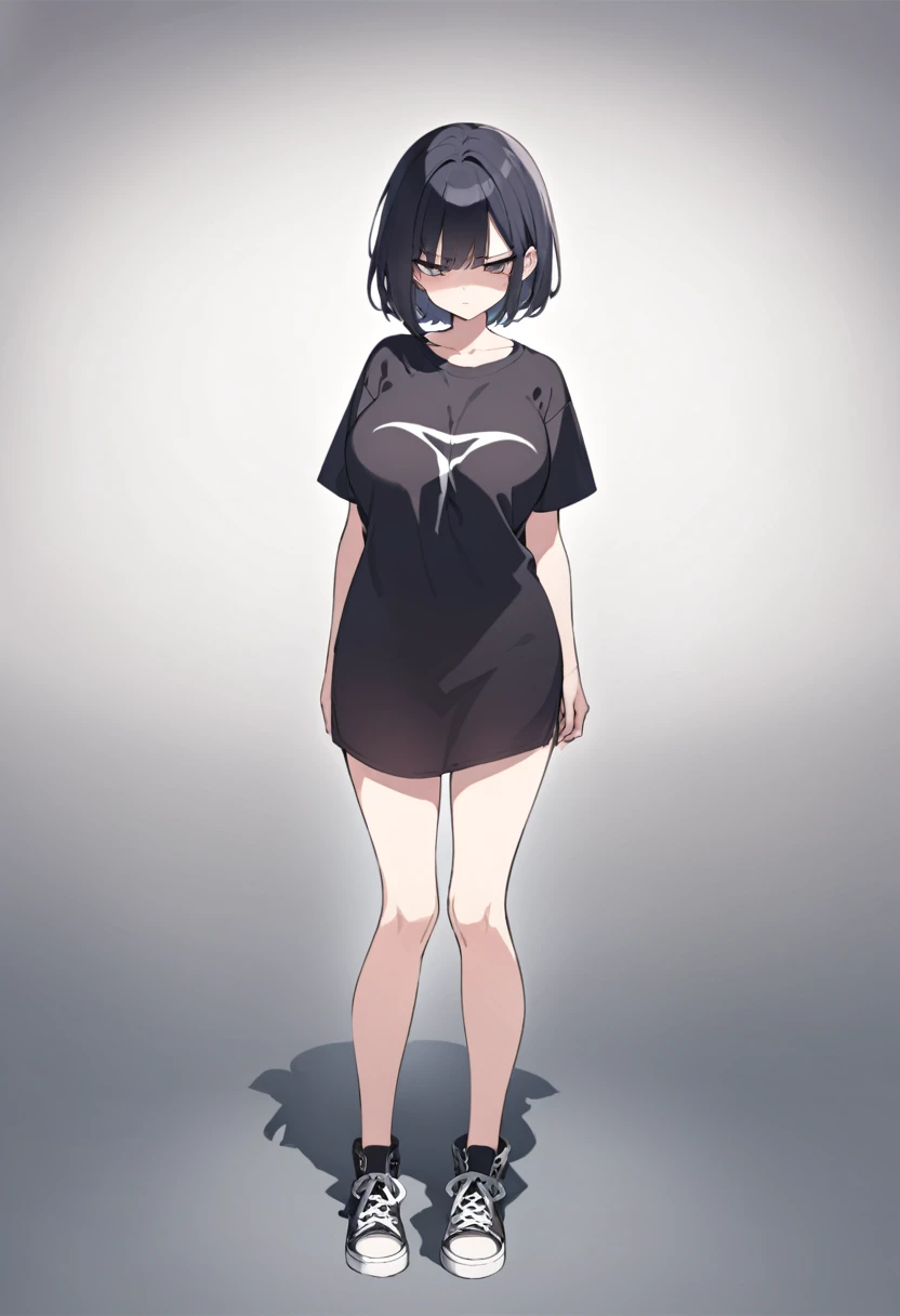 Black short hair，Woman in a dark mood，Oversized T-shirt，Shorts，Breast Curtain