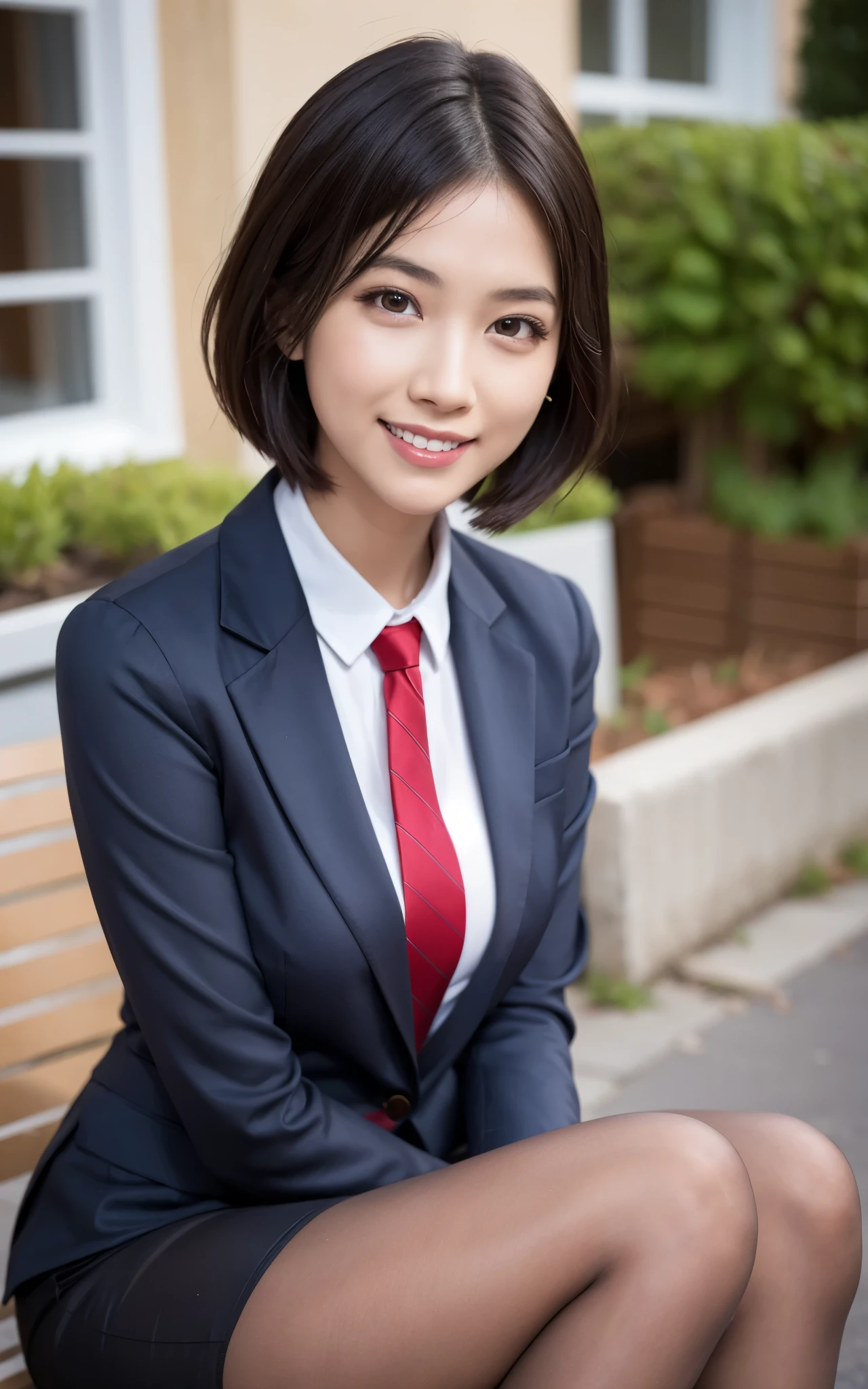 girl, Hyper Realistic, masterpiece, smile, portrait, bobhair, skirt suit, dress shirt, red necktie, blazer, pantyhose