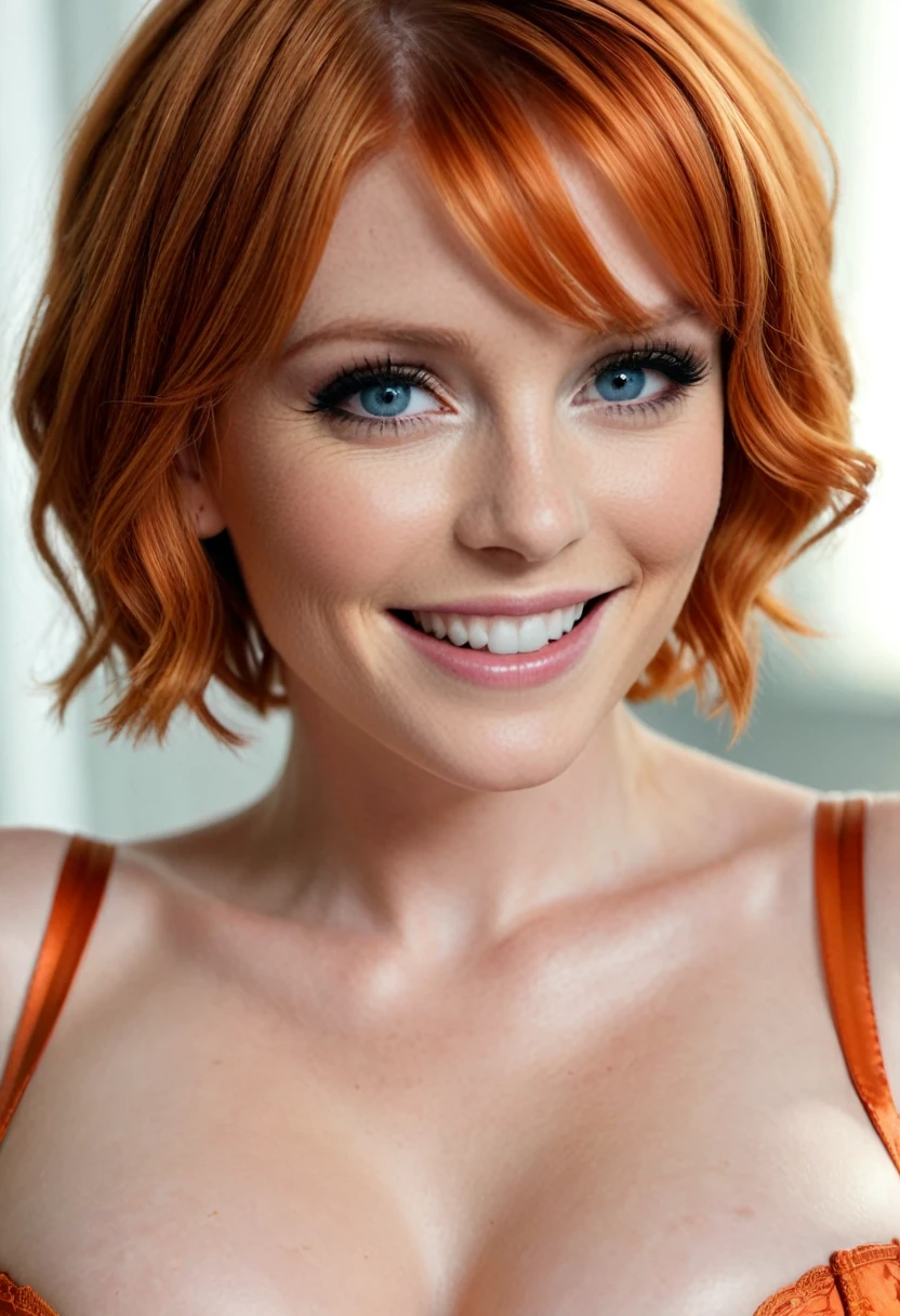 Masterpiece, (Bryce Dallas Howard: 0.5), sexy, playful smile, high detail face, high detail skin, red corset lingerie, (high detail eyes:1.3), short hair, orange hair, (small breasts:1.2), (strong athletic body), badroom ar nigth background, (UHD, 8K wallpaper, High resolution), Cinematic lighting, award-winning, extremely white detailed skin, extra detailed face, high detail eyes, photo-realistic, Zeiss 85 mm F/1.4, by Ellen von Unwerth
