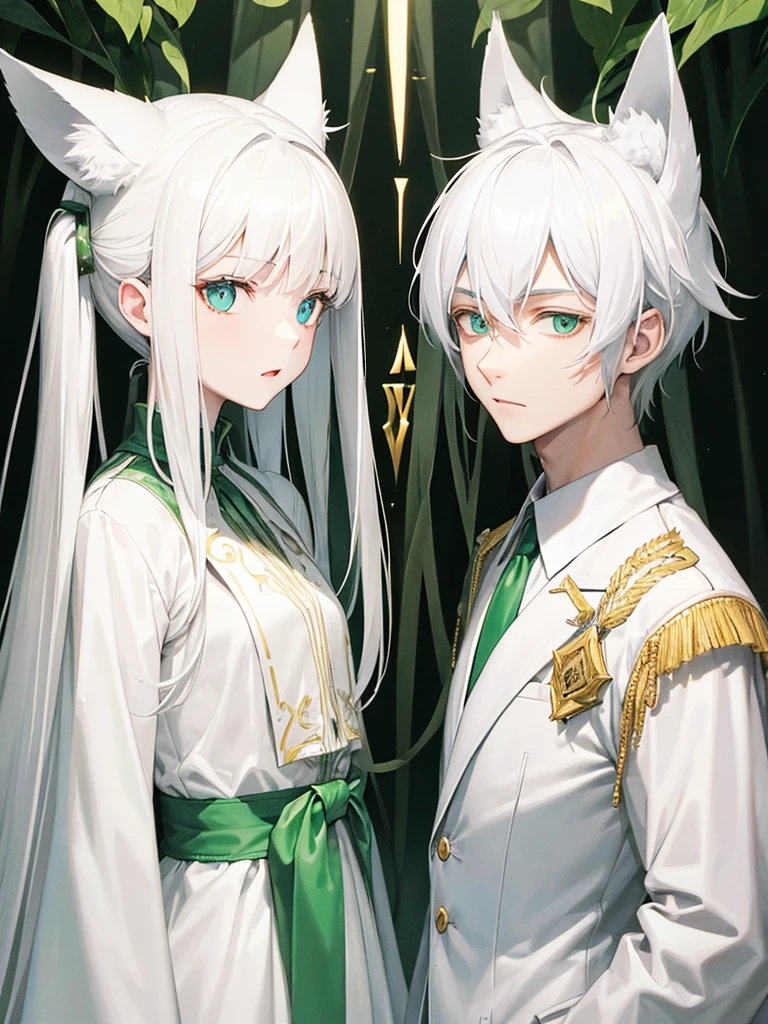 A psychologist in a white coat man with wolf ears ,handsome albino beautiful eyes ,tall 28 years old ,next to her twin sister with emerald green eyes