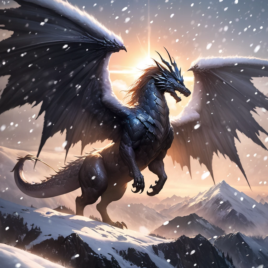 extreme long shot, heroic view, BREAK, A silver dragon with (2 wings) on a cloud shrouded mountain top, ((((falling snow )))), BREAK, BREAK, mystical creature, realistic, ultra detailed, majestic, masterpiece, dynamic pose, sun rise lighting, snowy mountain top background