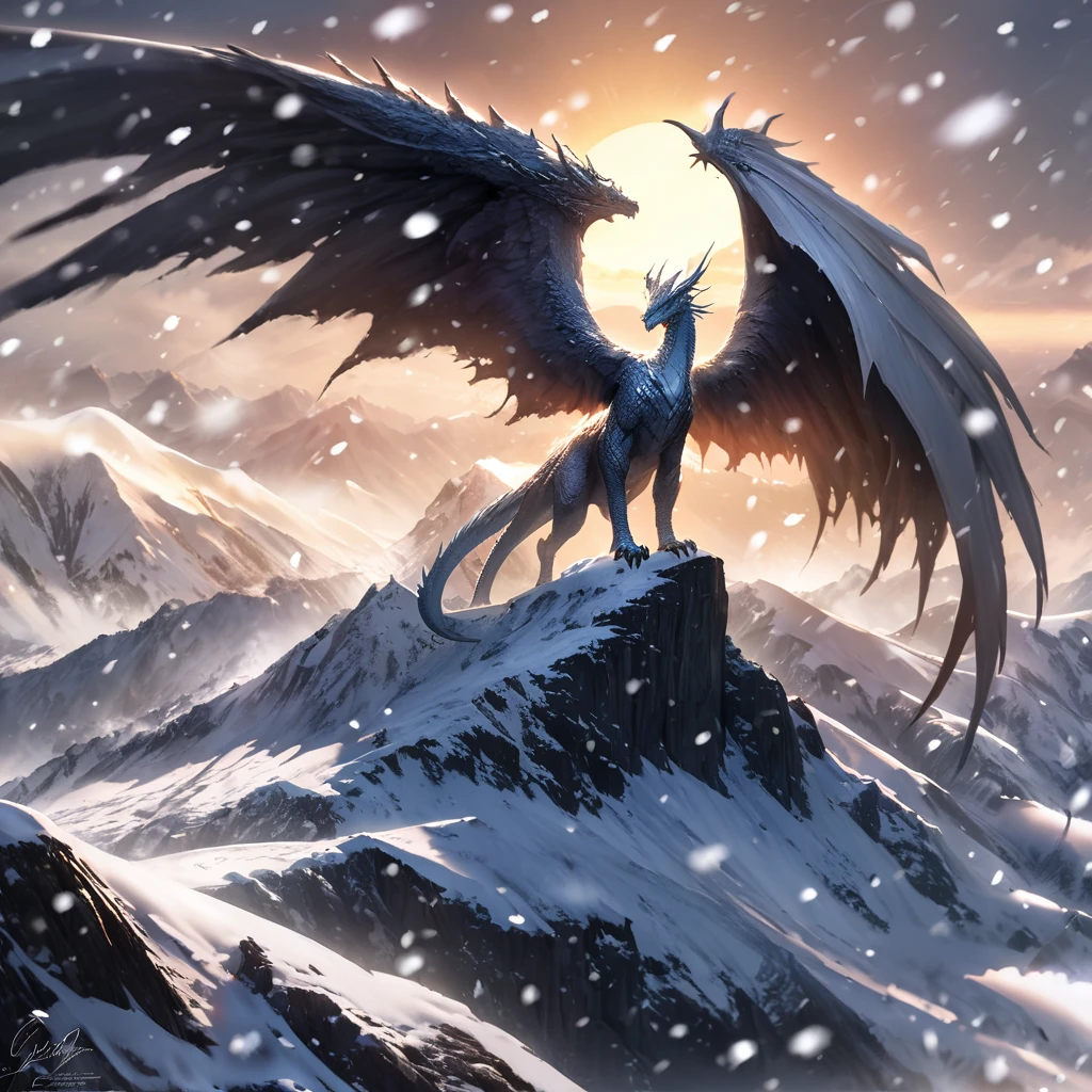 extreme long shot, heroic view, BREAK, A silver dragon with (2 wings) on a cloud shrouded mountain top, ((((falling snow )))), BREAK, BREAK, mystical creature, realistic, ultra detailed, majestic, masterpiece, dynamic pose, sun rise lighting, snowy mountain top background