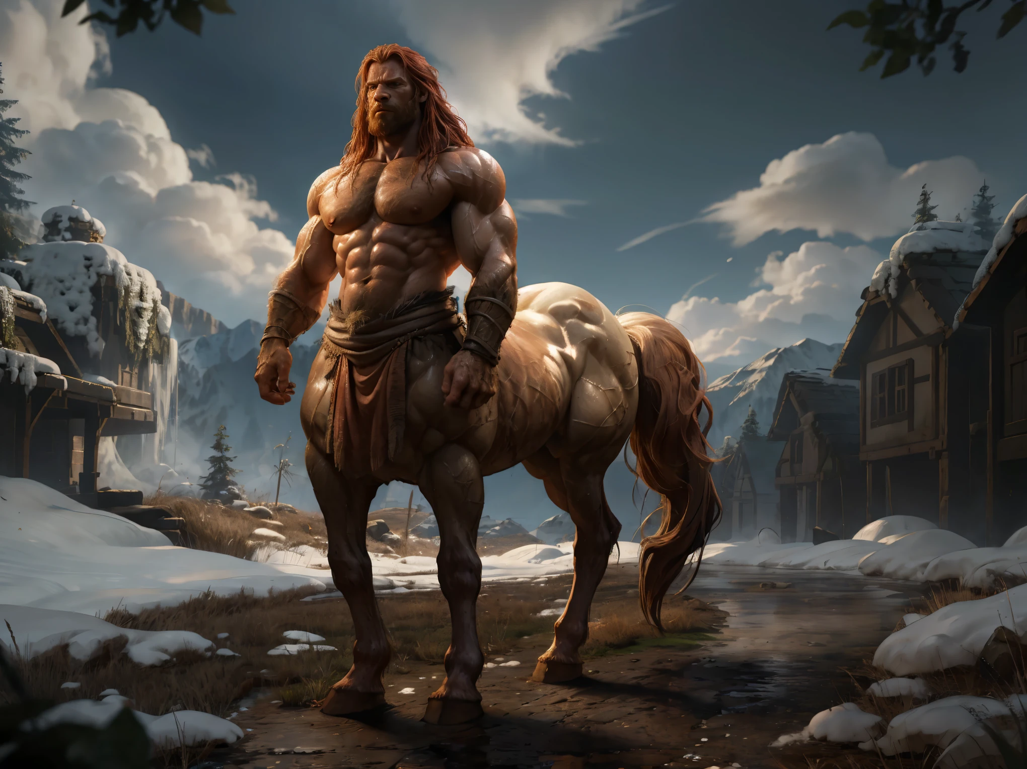 Very detailed, full color, full body photograph of a centaur..:1.2, standing, high, long red hair, Red hair, gauntlets, showing chest, ((hairy chest+)) Caucasian, ((White skin)) raising a victorious arm, detailed muscular physique, Realistic representation, 4k resolution. below: Smithy, forge 32k uhd, Best Quality, masterpiece.