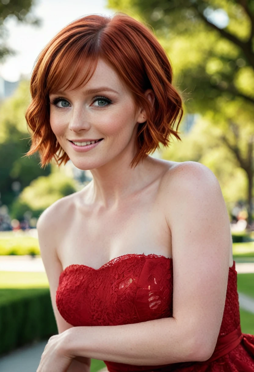 Masterpiece, (Bryce Dallas Howard: 0.5), shy, cute, playful smile, high detail face, high detail skin, fashion red dress, (high detail eyes:1.3), short hair, red hair, (small breasts:1.2), (strong athletic body), city park background, (UHD, 8K wallpaper, High resolution), Cinematic lighting, award-winning, extremely white detailed skin, extra detailed face, high detail eyes, photo-realistic, Zeiss 85 mm F/1.4, by Ellen von Unwerth
