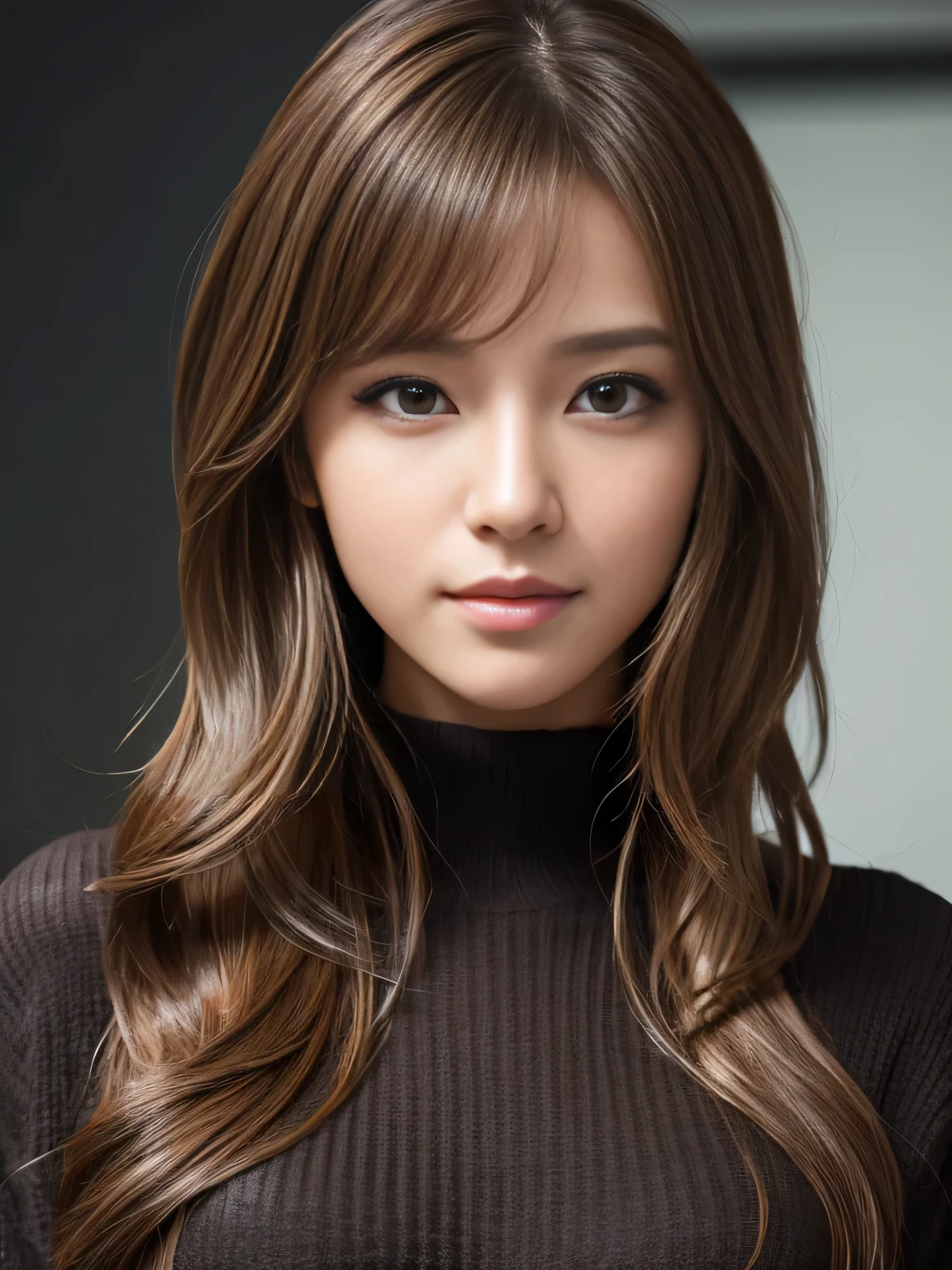 masterpiece, best quality, ultra-detailed, intricately detailed hyperdetailed, realistic, sharp features, highly detailed, sharp focus, Realistic, Photorealistic:1.3, (19 years old:1.3), perfect face, perfect symmetrically eyes, perfect full lips, hyper detailed, hyper realistic, high resolution, Fashion Model, Japanese Idol, Slender, brown hair, Stylish, model poses, Beautiful Face, light brown hair, messy hair, Beautiful hairstyle, (seductive smile:1.2), (looking at viewer), cinematic lighting, grey background, (Black knit:1.2), portrait