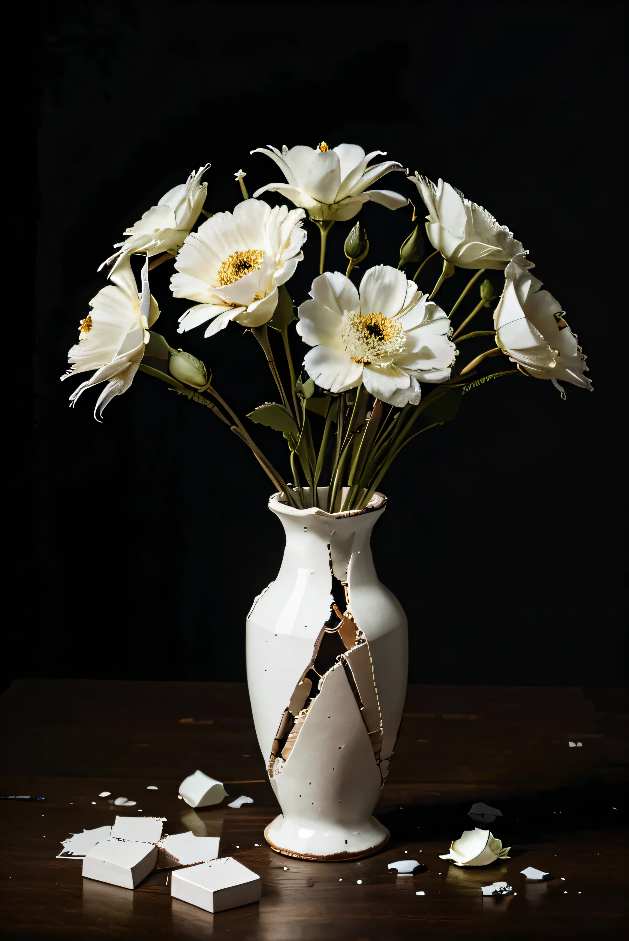 Fractured white VASE WITH broken parts, with withered flowers inside, and dark background 