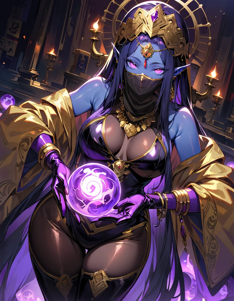 1 mature woman,,(Highest quality,Extremely detailed depiction,Incredibly absurd high resolution,Anatomically accurate depiction,Curvy Legs),(Glowing Skin,Shiny skin),(Glowing Skin,Shiny skin,Oilskin,Blue Skin:1.3),(Sexy fortune teller,Dark Elf:1.3),(A face veil that hides the mouth:1.5),(Luxurious accessories,Earrings,necklace,Bracelet,Long gloves,Sexy Costumes,See-through,black tights),eyelash,A little sweat,(Purple Eyes,Detailed pupil,Half-closed eyes:1.5,Crazy Eyes,There is cleavage in the chest,Bewitching Smile,glossy purple lipstick),(Holding a mysteriously glowing crystal ball:1.3),background:Fortune Telling House,Mysterious atmosphere