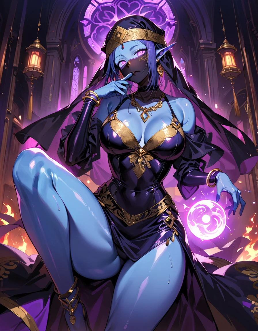 1 mature woman,,(Highest quality,Extremely detailed depiction,Incredibly absurd high resolution,Anatomically accurate depiction,Curvy Legs),(Glowing Skin,Shiny skin),(Glowing Skin,Shiny skin,Oilskin,Blue Skin:1.3),(Sexy fortune teller,Dark Elf:1.3),(A face veil that hides the mouth:1.5),(Luxurious accessories,Earrings,necklace,Bracelet,Long gloves,Sexy Costumes,See-through,black tights),eyelash,A little sweat,(Purple Eyes,Detailed pupil,Half-closed eyes:1.5,Crazy Eyes,There is cleavage in the chest,Bewitching Smile,glossy purple lipstick),(Holding a mysteriously glowing crystal ball:1.3),background：Fortune Telling House,Mysterious atmosphere