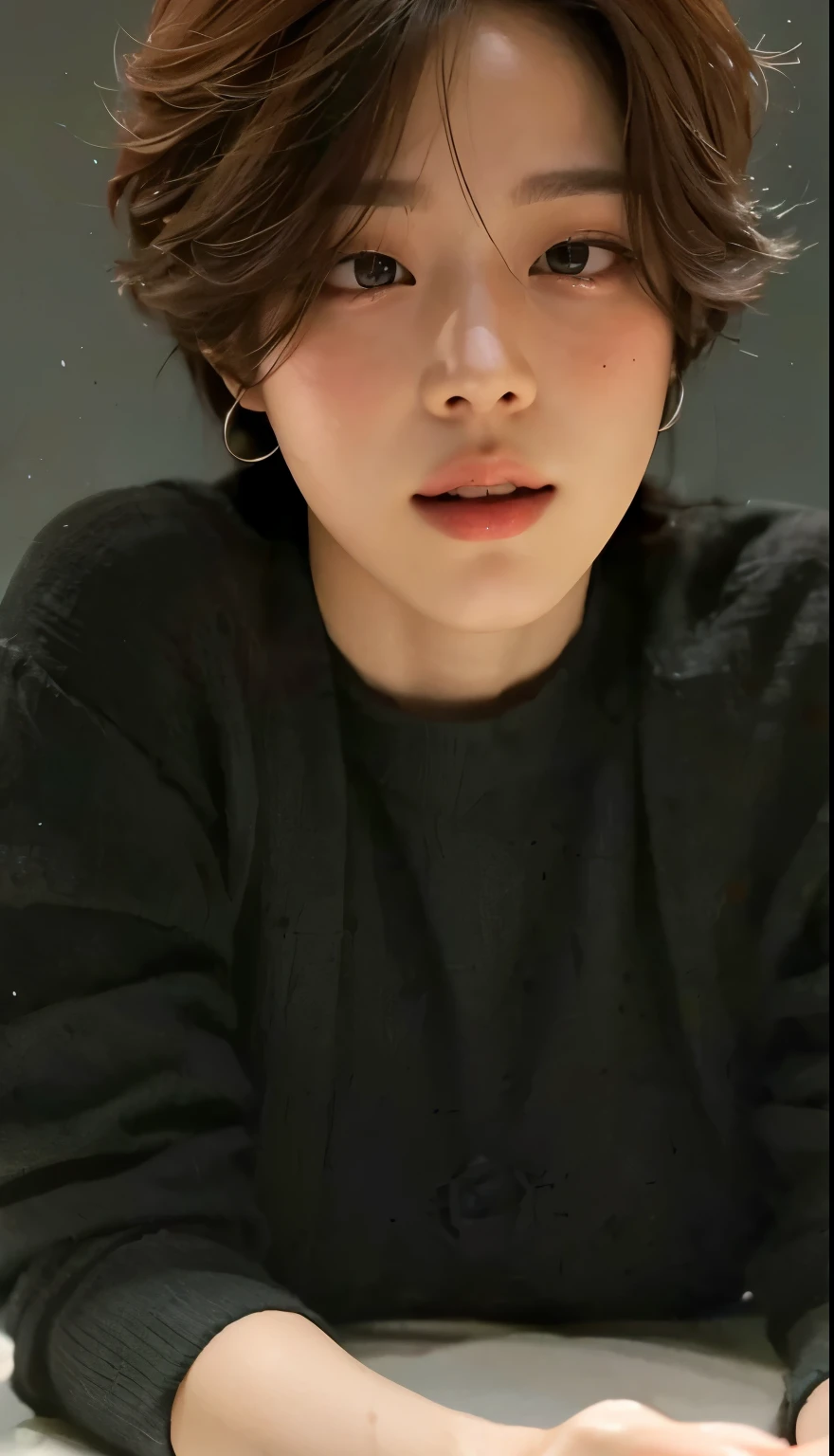 Face identical to that of Jimin from Bts, delicate features, full lips, Pale skin, light eyebrows