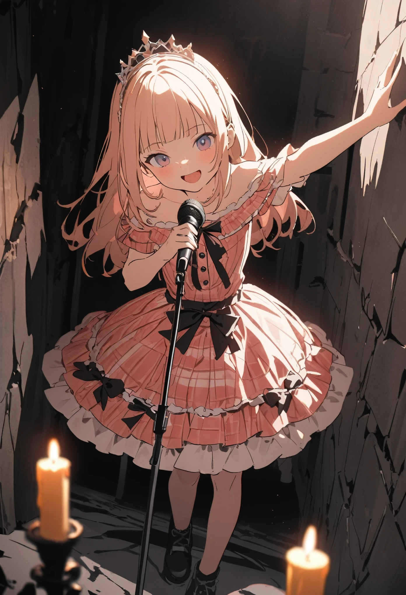 ((12 years old)), cute , Plaid dress, (Off-Shoulder dress), hoop dress, wearing toy tiara, lolita fashion, (loose blunt bangs), (Thick microphone stand), singing, ((Vibrant Pose)), cute cheeks, ((Candlelight)), exposed bare shoulder and arms, lolita style, cute smile, open mouth, pretty, (Healthy slim body), emo style, red checker, (in the dim concrete basement), ribbon belt, (Melted walls),(detailed background:1.2), newest, ((Masterpiece)), ((best quality)), (super detail:1.2), (High Definition:1.3), ((extremely detailed)), (8K), (Professional Photography:1.2), (very aesthetic:1.2), (absurdres:1.2), (flat color), (flat shading), (sharp focus), (perfect light), (drop shadow), (fisheye),